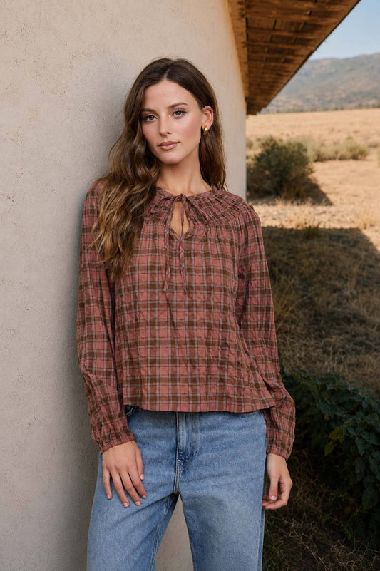 Plaid Shirred Yoke Long Sleeve Top