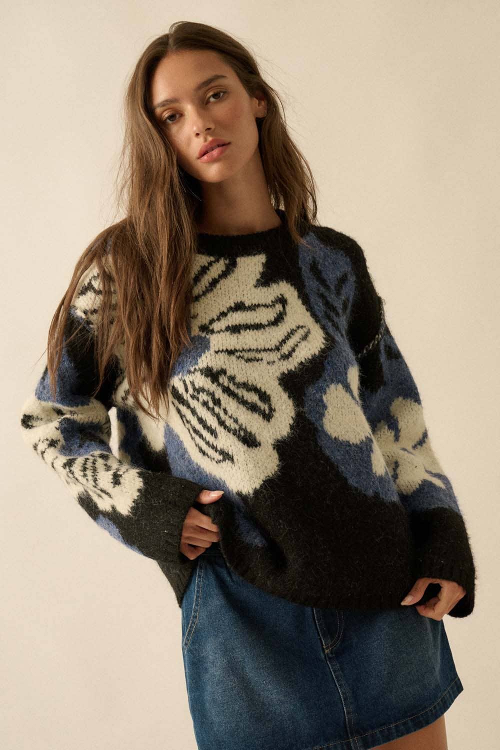 Fuzzy Floral Jacquard Sweater