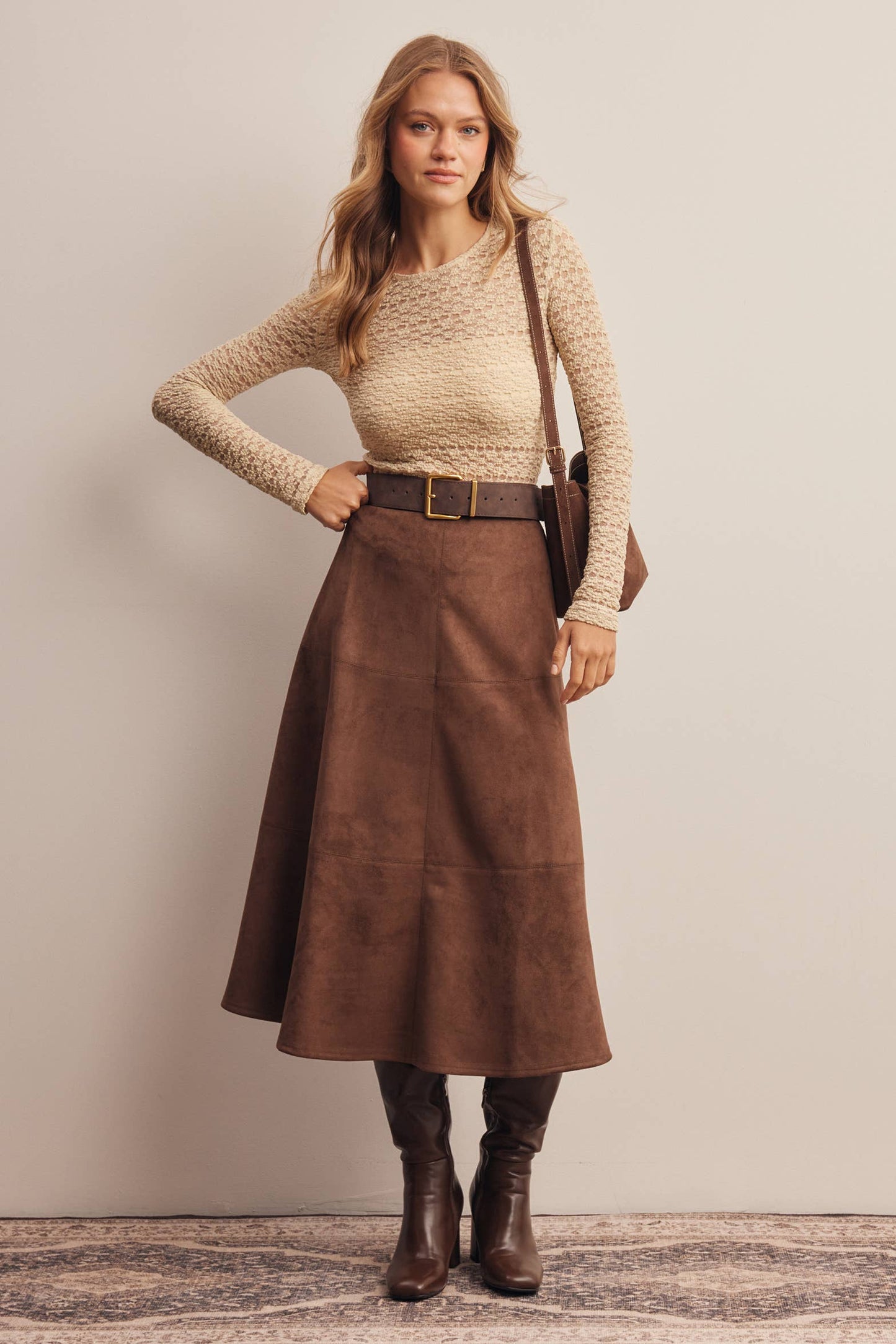 Stretched Suede A-Line Midi Skirt