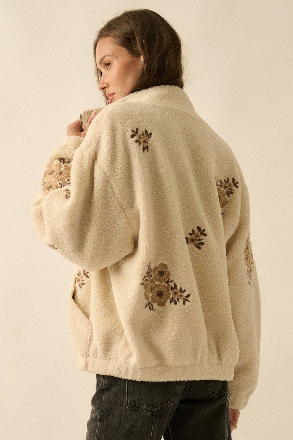 Floral Embroidered Sherpa Fleece Zip-Up Jacket