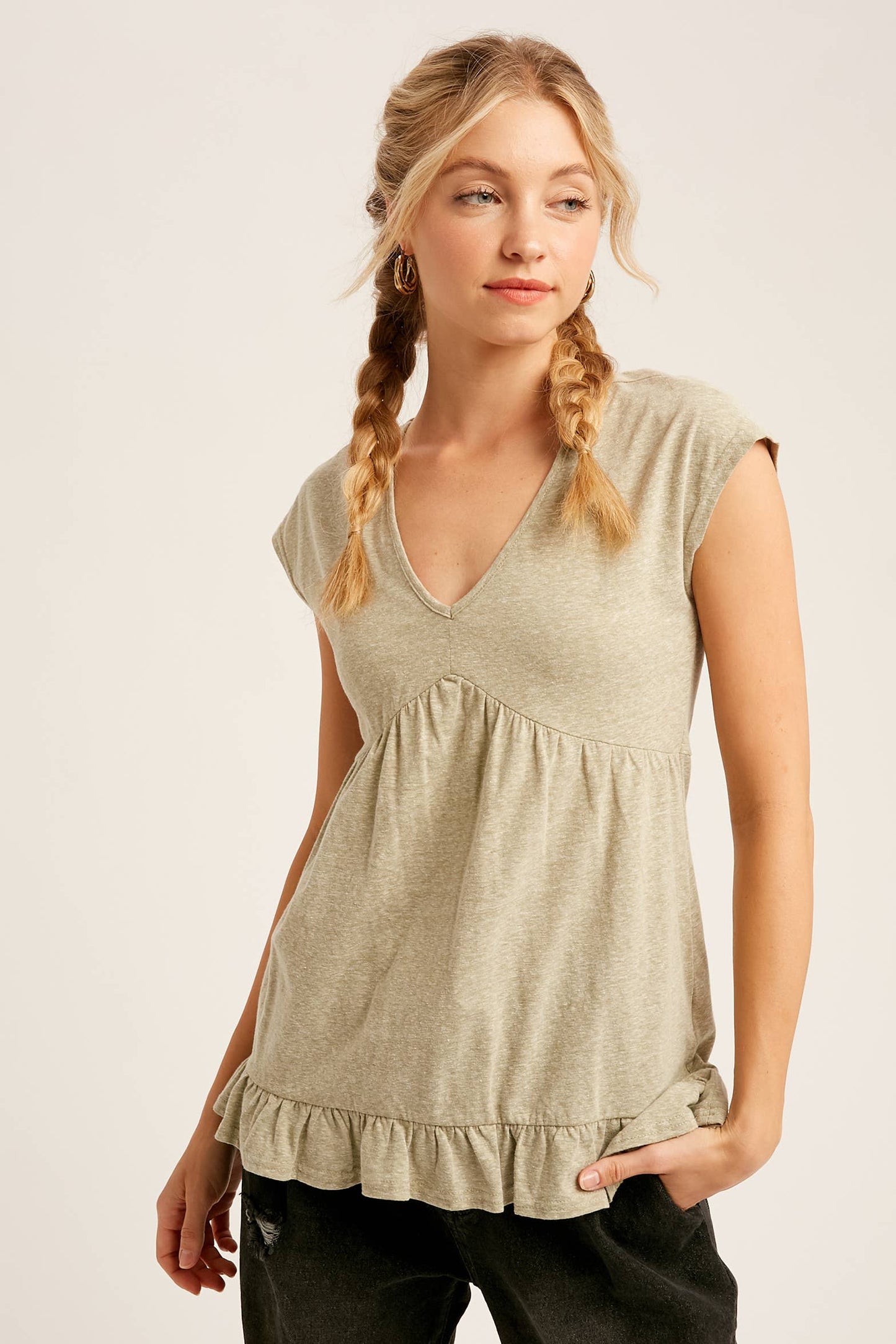 V-Neck Ruffle Hem Babydoll Top