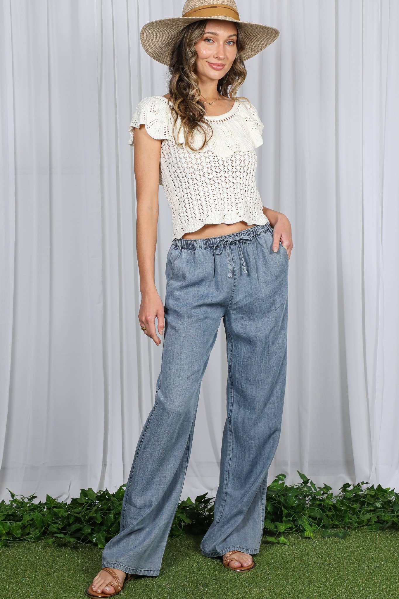 Casual Flowy Wide Leg Tencel Chambray Washed Pants