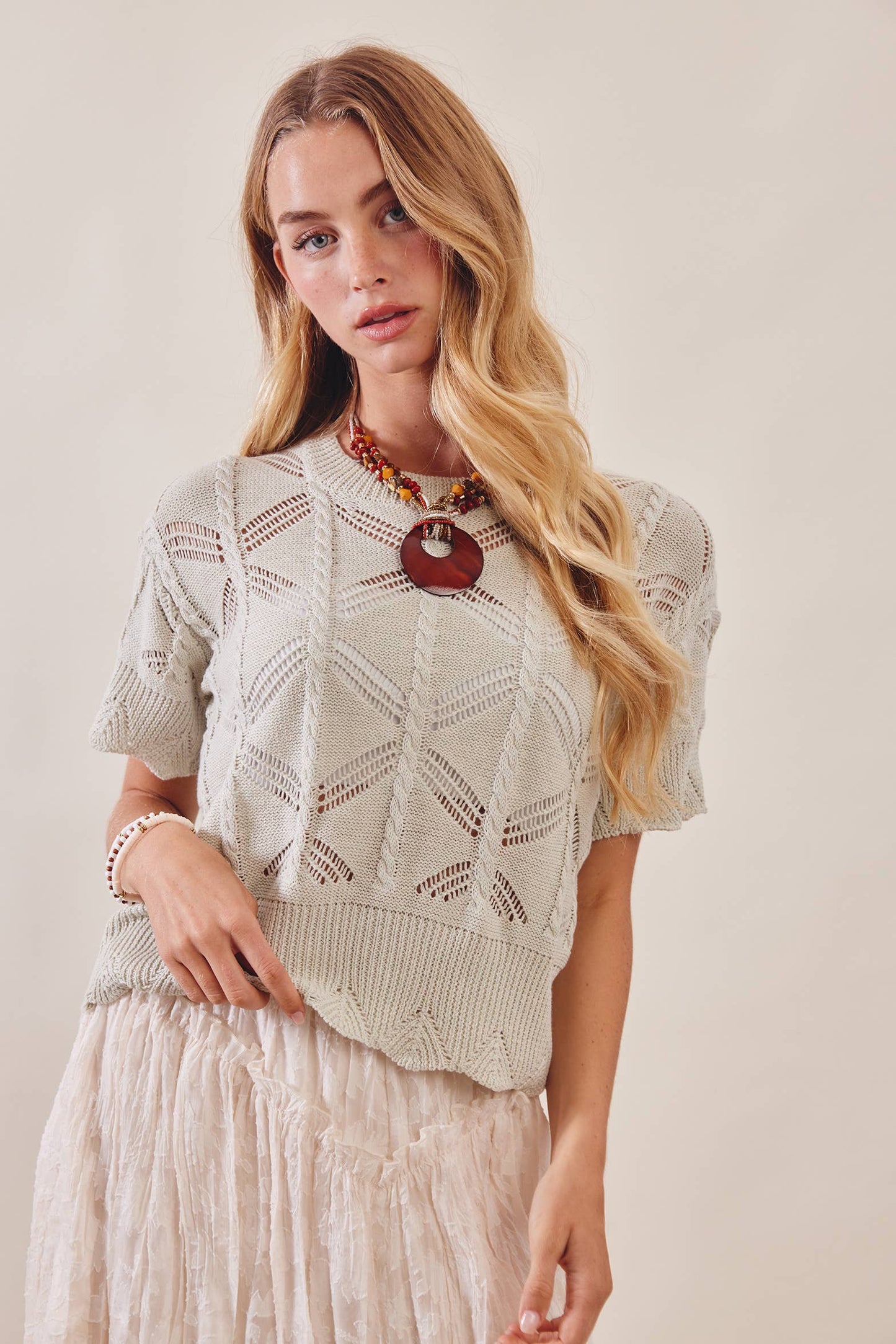 Pointelle Short Sleeve Knit Top