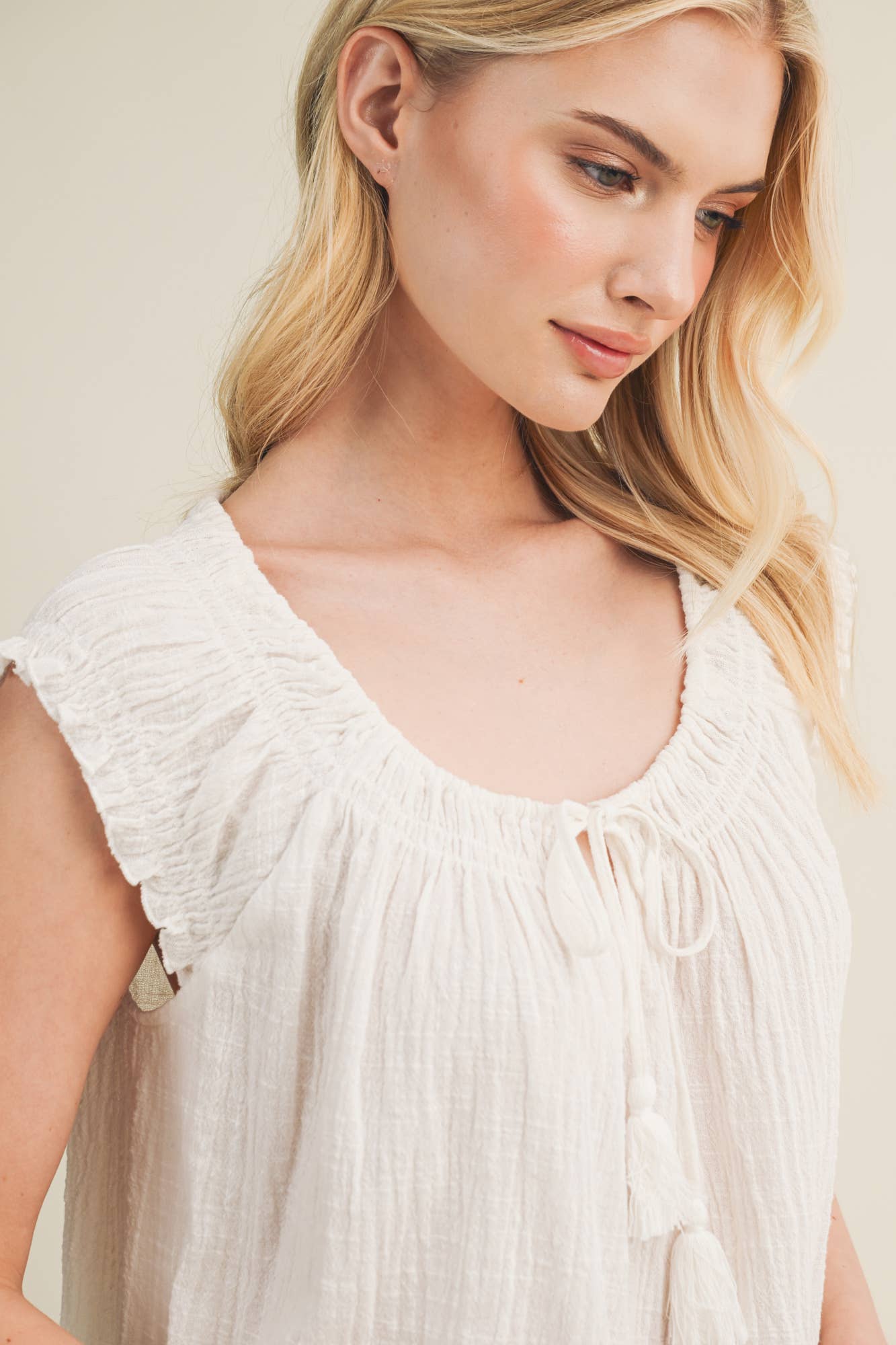 Gathered Tassel Tie Ruffle Sleeve Top
