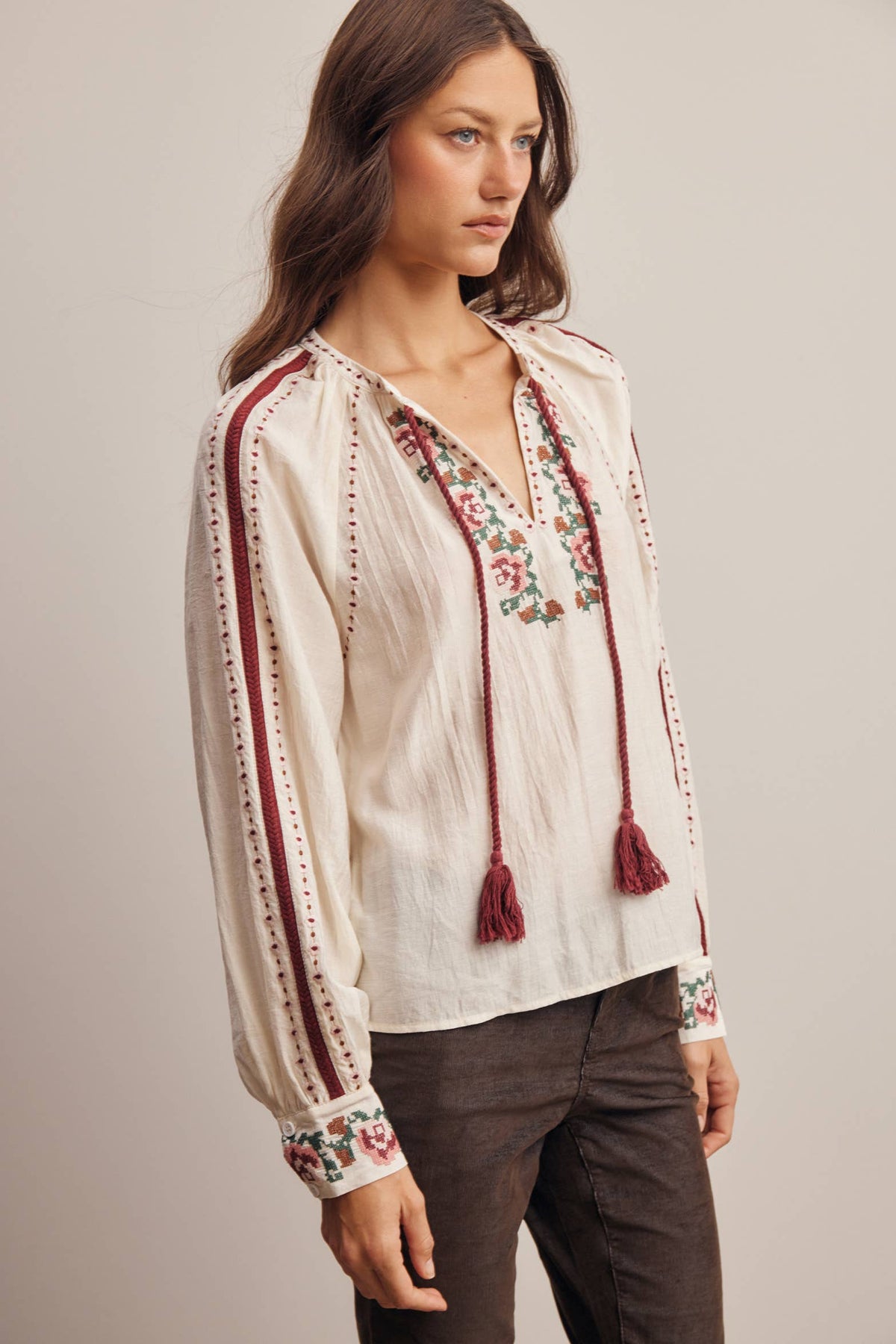 Floral Embroidered Tassel Tie Blouse