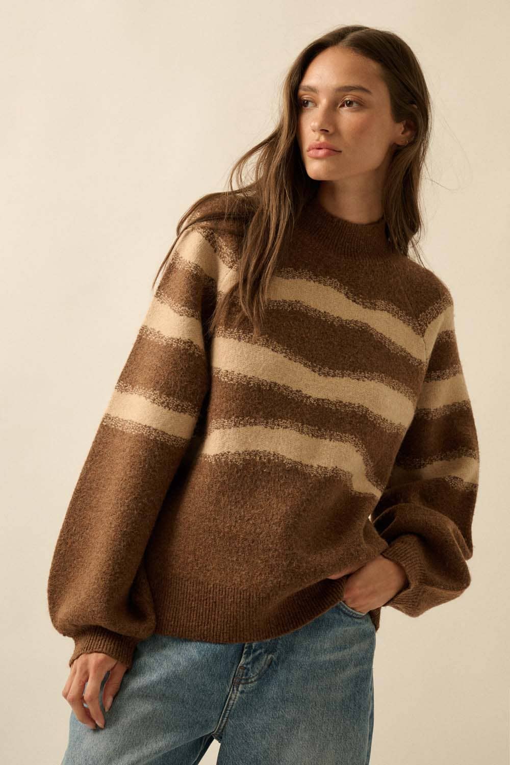 Striped Jacquard-Knit Bubble-Sleeve Sweater