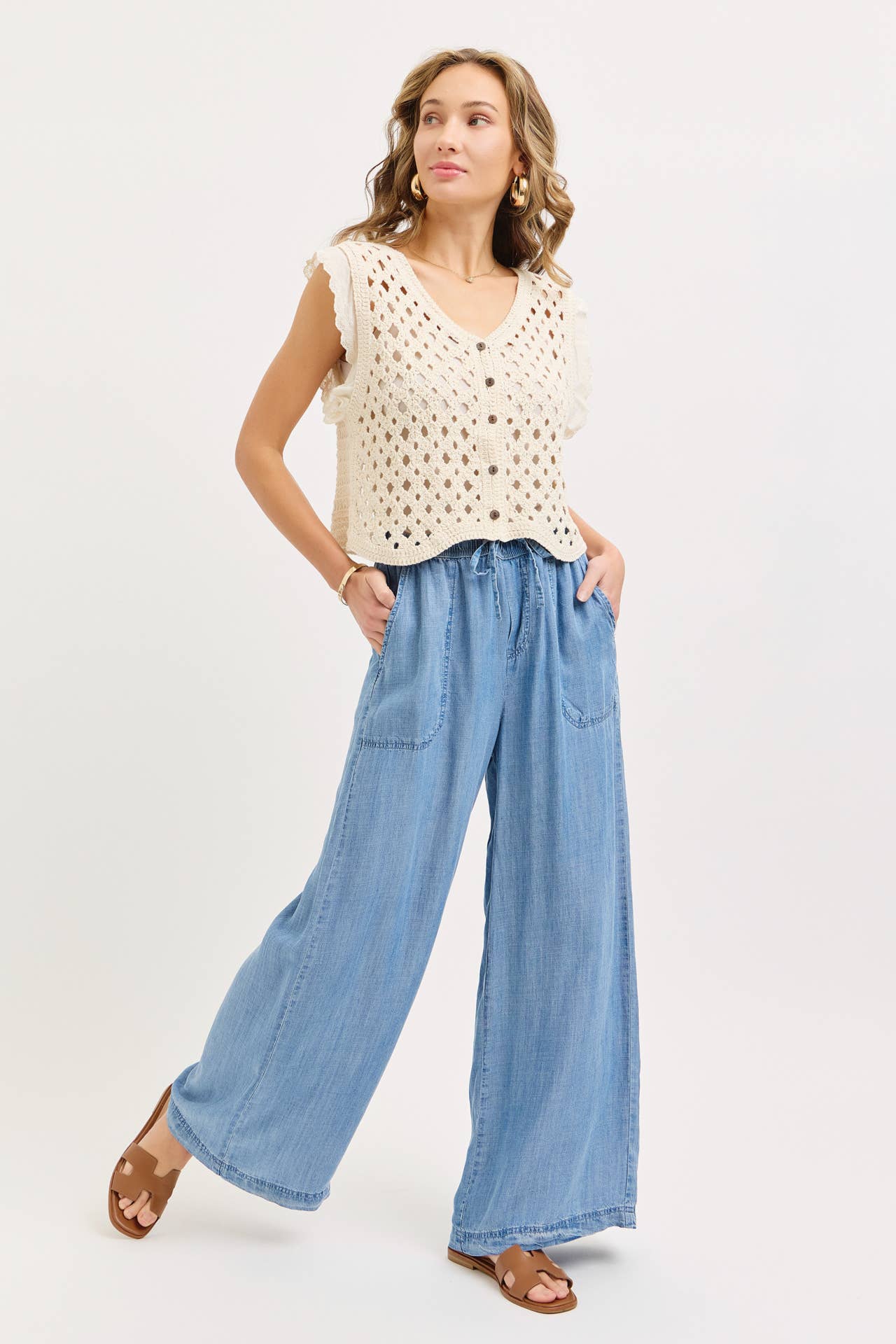 Chambray Wide Leg Classic Pants