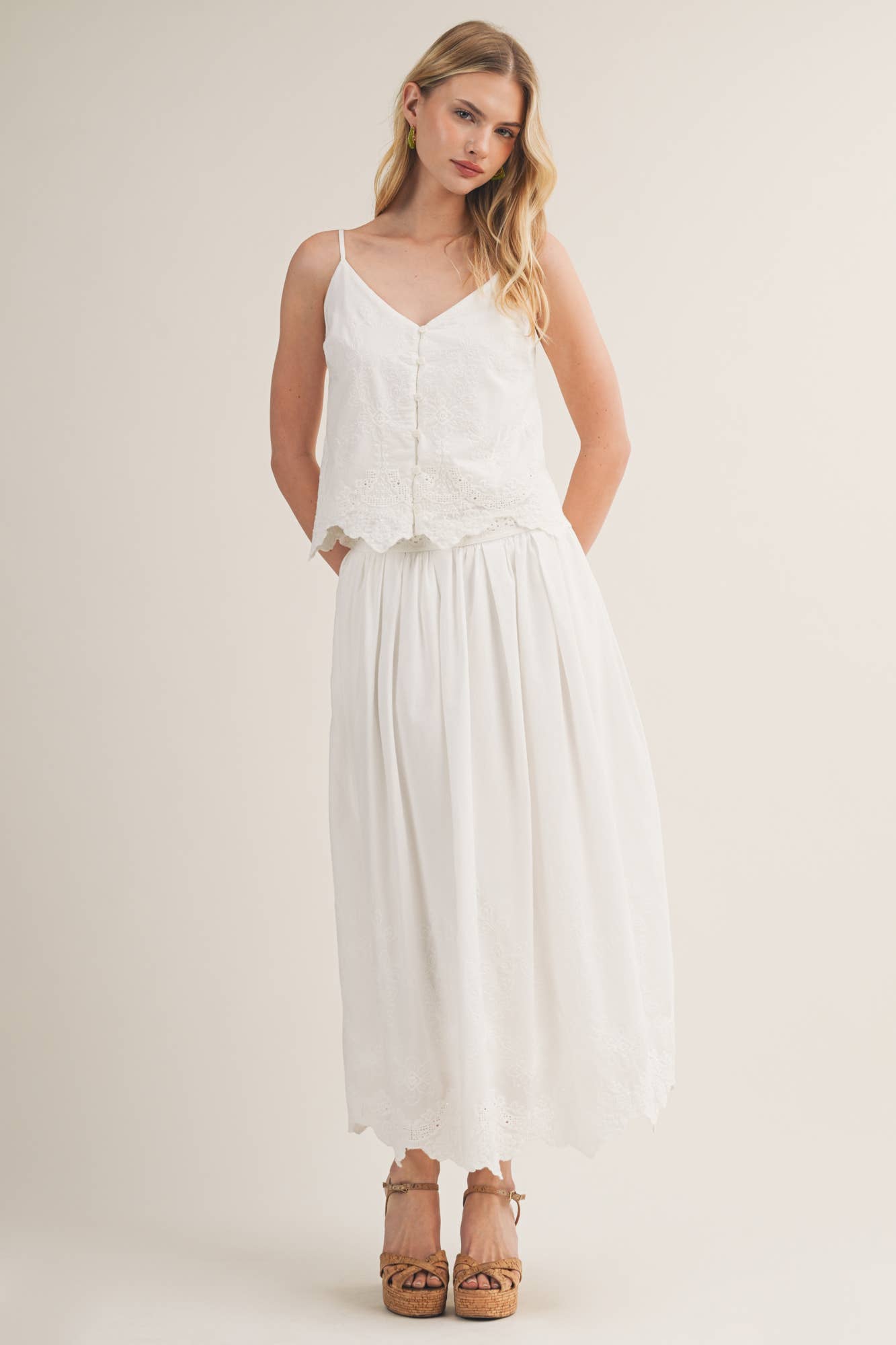 V-Neck Eyelet Embroidered Button Camisole