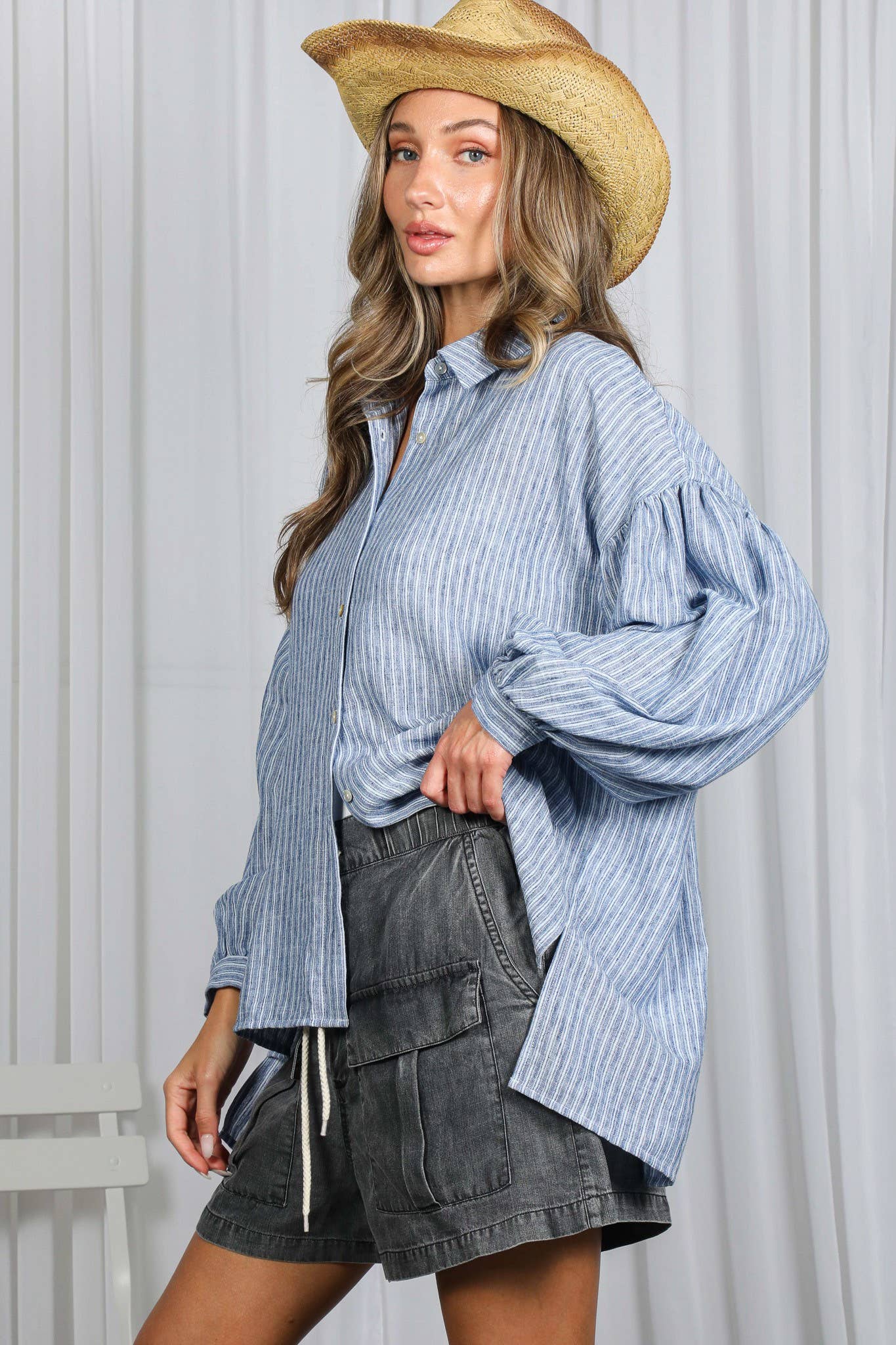 Stripe Print Long Balloon Sleeve Oversized Shirt