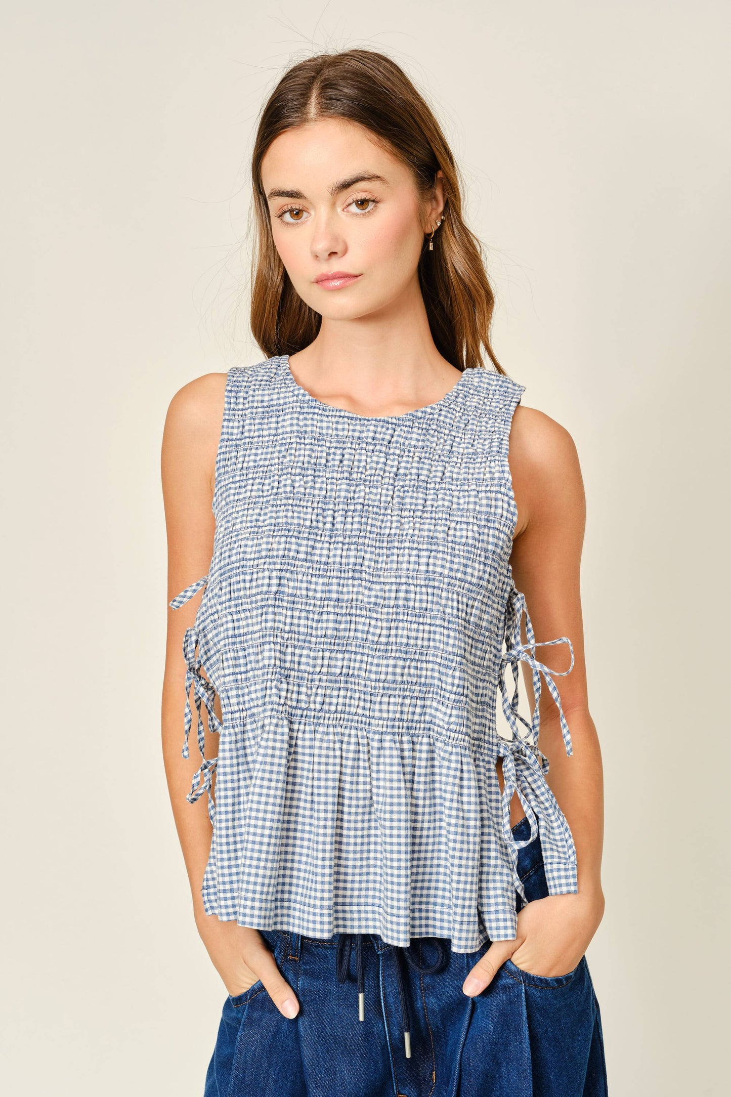 Sleeveless Denim Smocked Tie Top