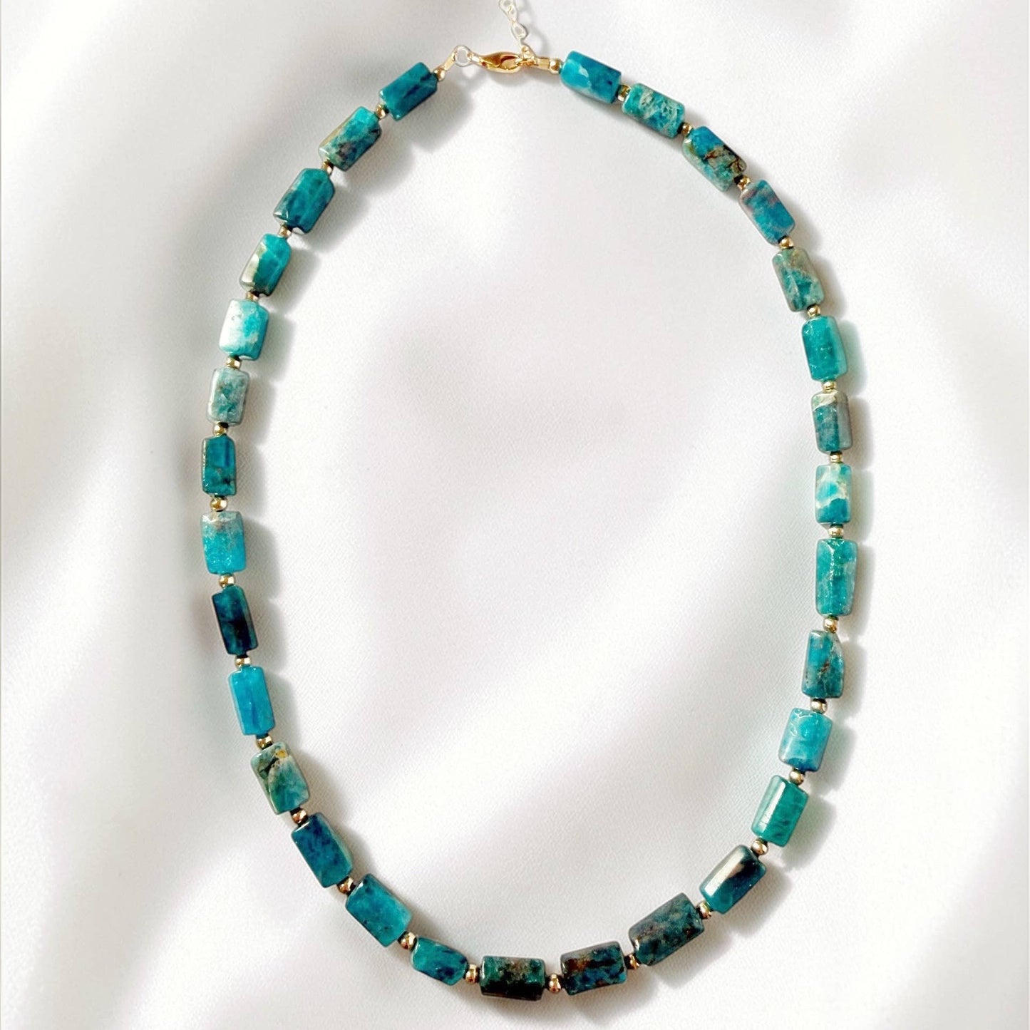 Pacific Blue Apatite Gemstone Beaded Necklace Gold Filled