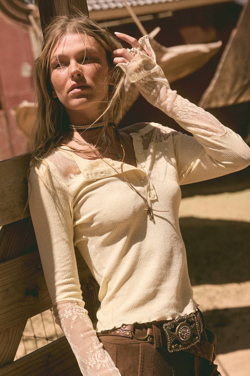 Ribbed Knit and Lace Long-Sleeve Split-Cuff Henley Top