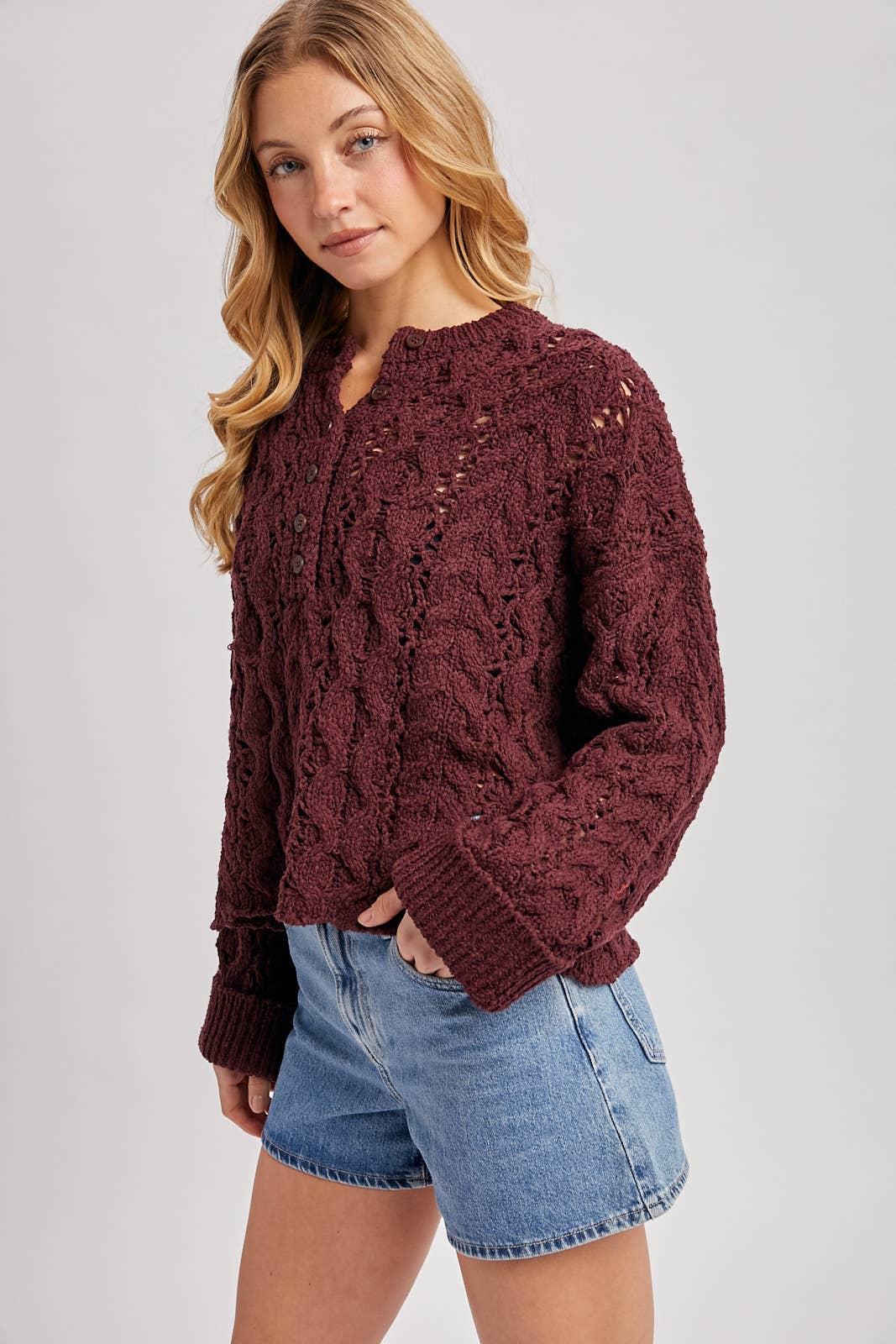 Wine Half Button Down Sweater