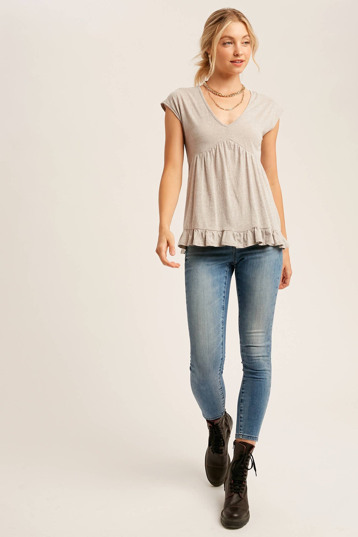 V-Neck Ruffle Hem Babydoll Top