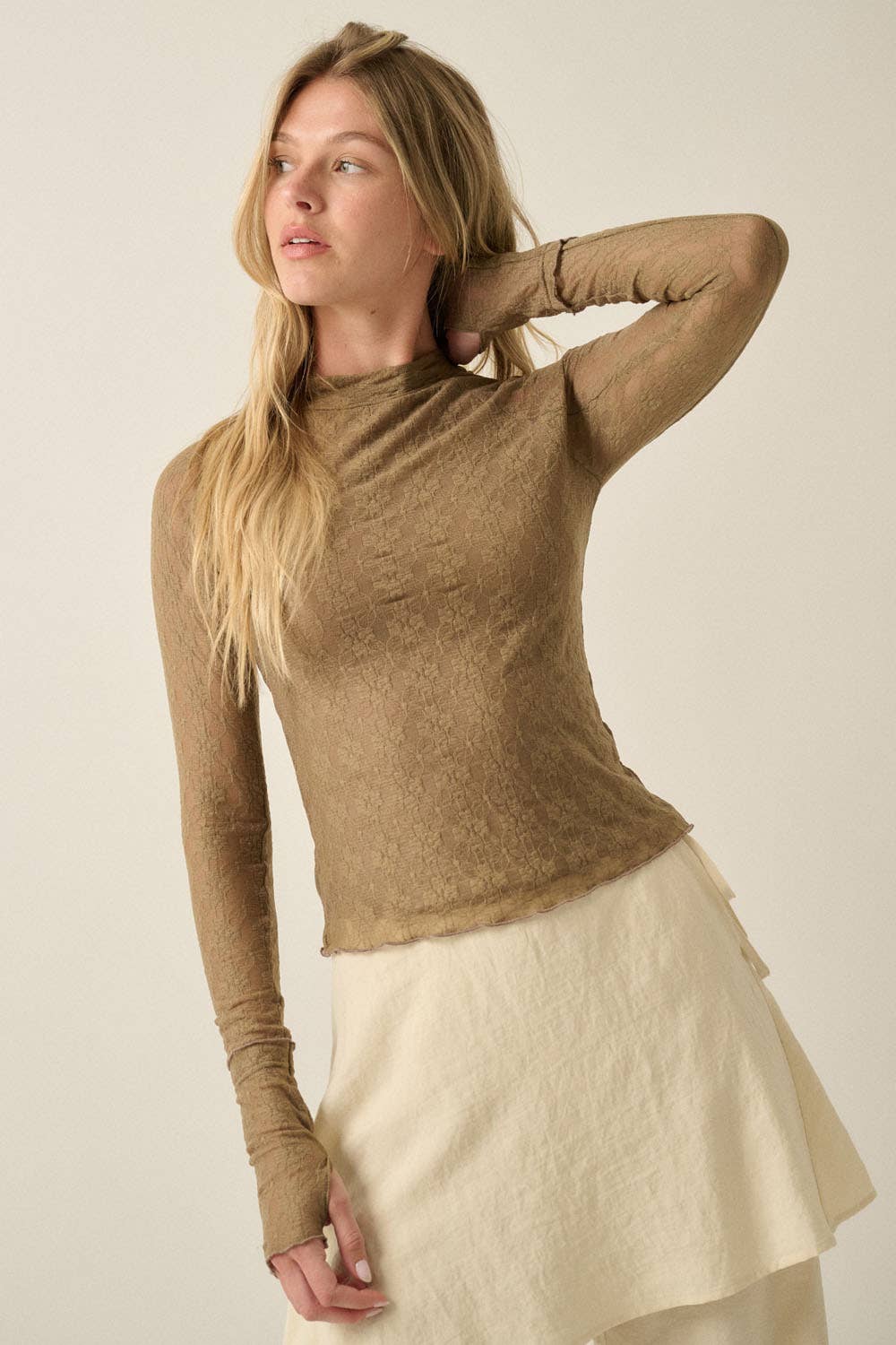 Floral Lace Mock-Neck Fitted Long-Sleeve Thumbhole Top