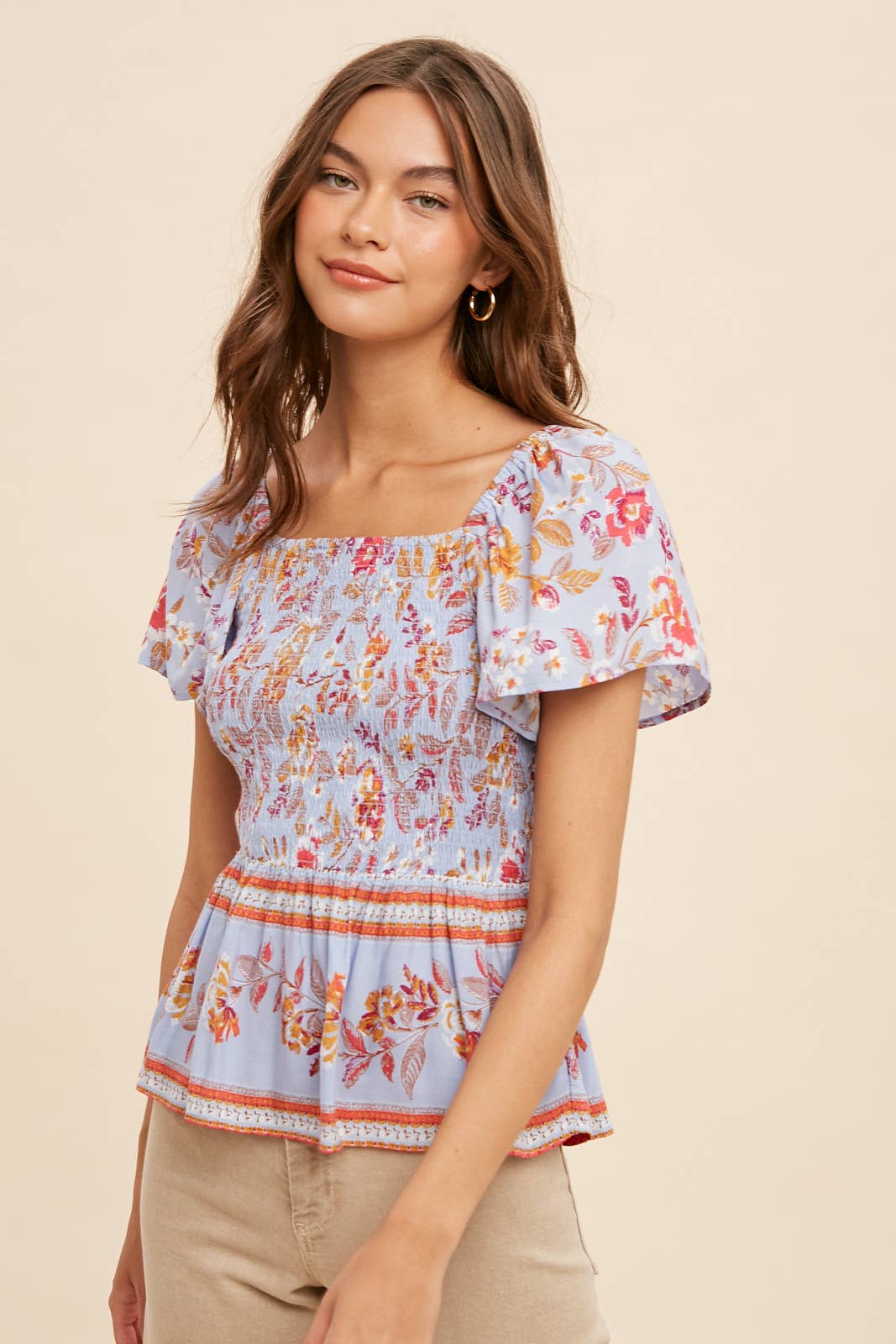 Border Print Smocked Peasant Top