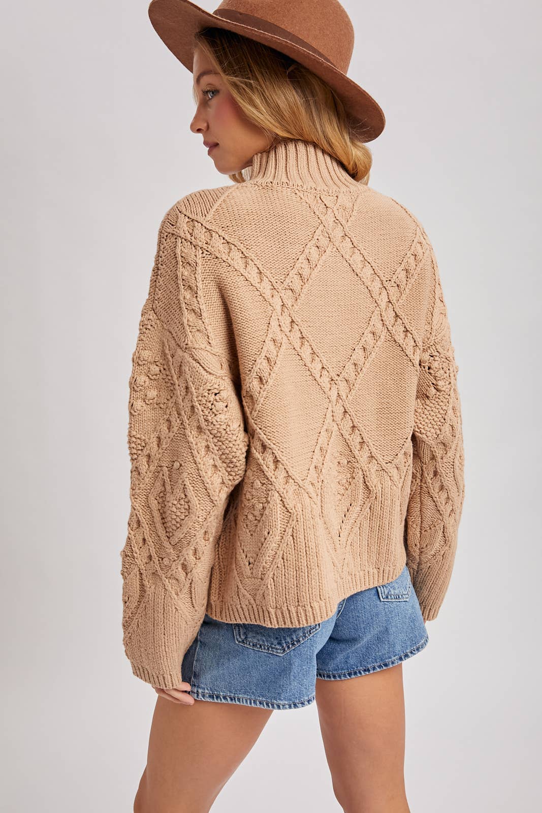 Button Down Mock Neck Cable Knit Cardigan, Sweater