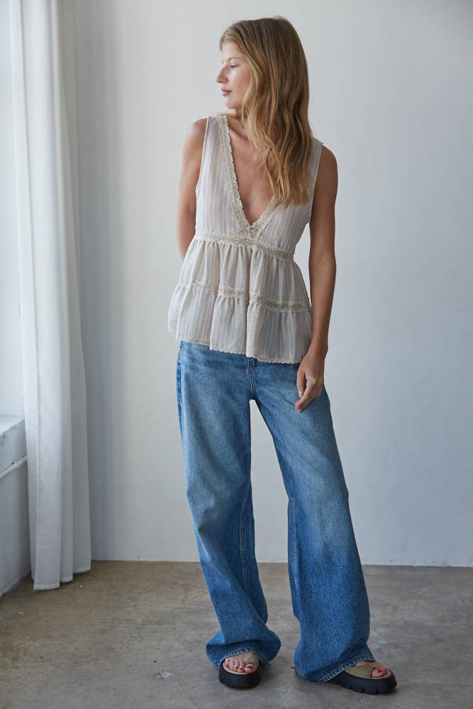 Woven Polyester Striped Plunged V-Neck Sleeveless