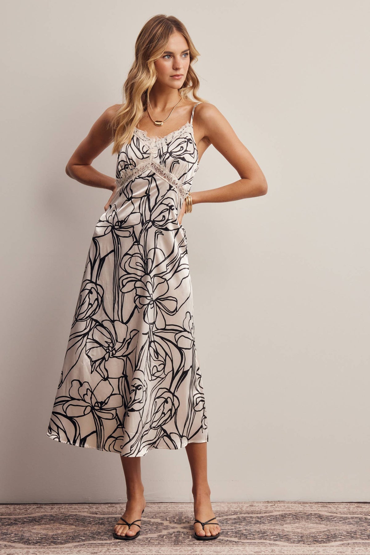 Lace Trim Floral Satin Midi Dress FD0061
