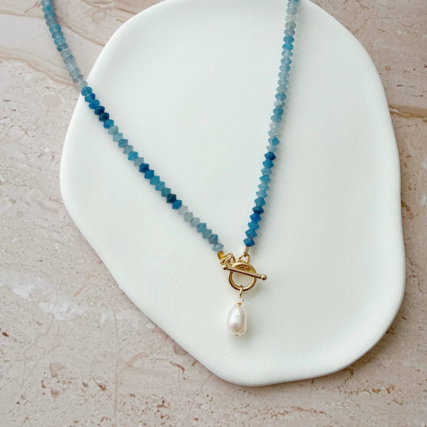 Crete Blue Aventurine Pearl Toggle Necklace Gold Filled