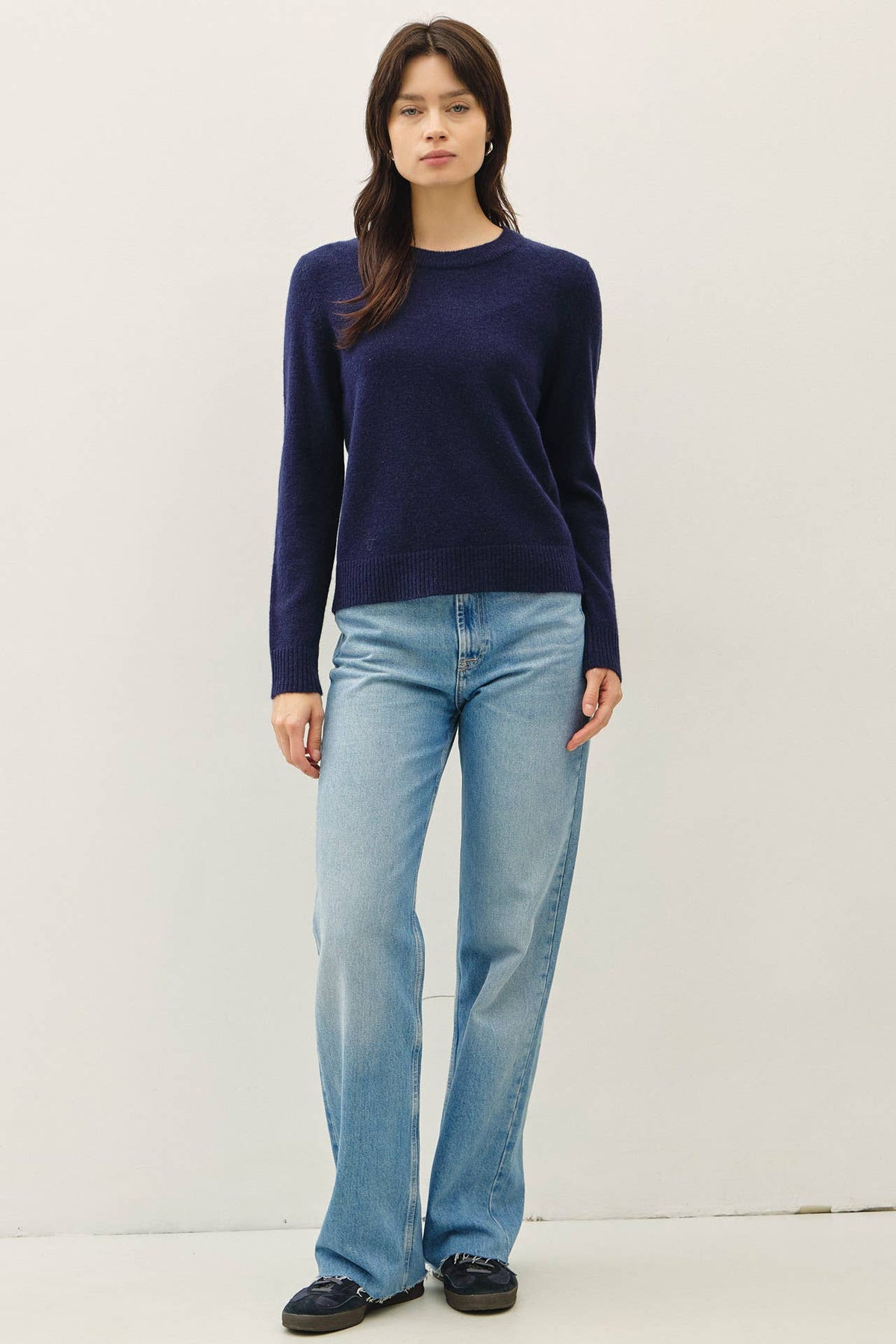 Indigo Wool Blend Basic Crew Neck Sweater