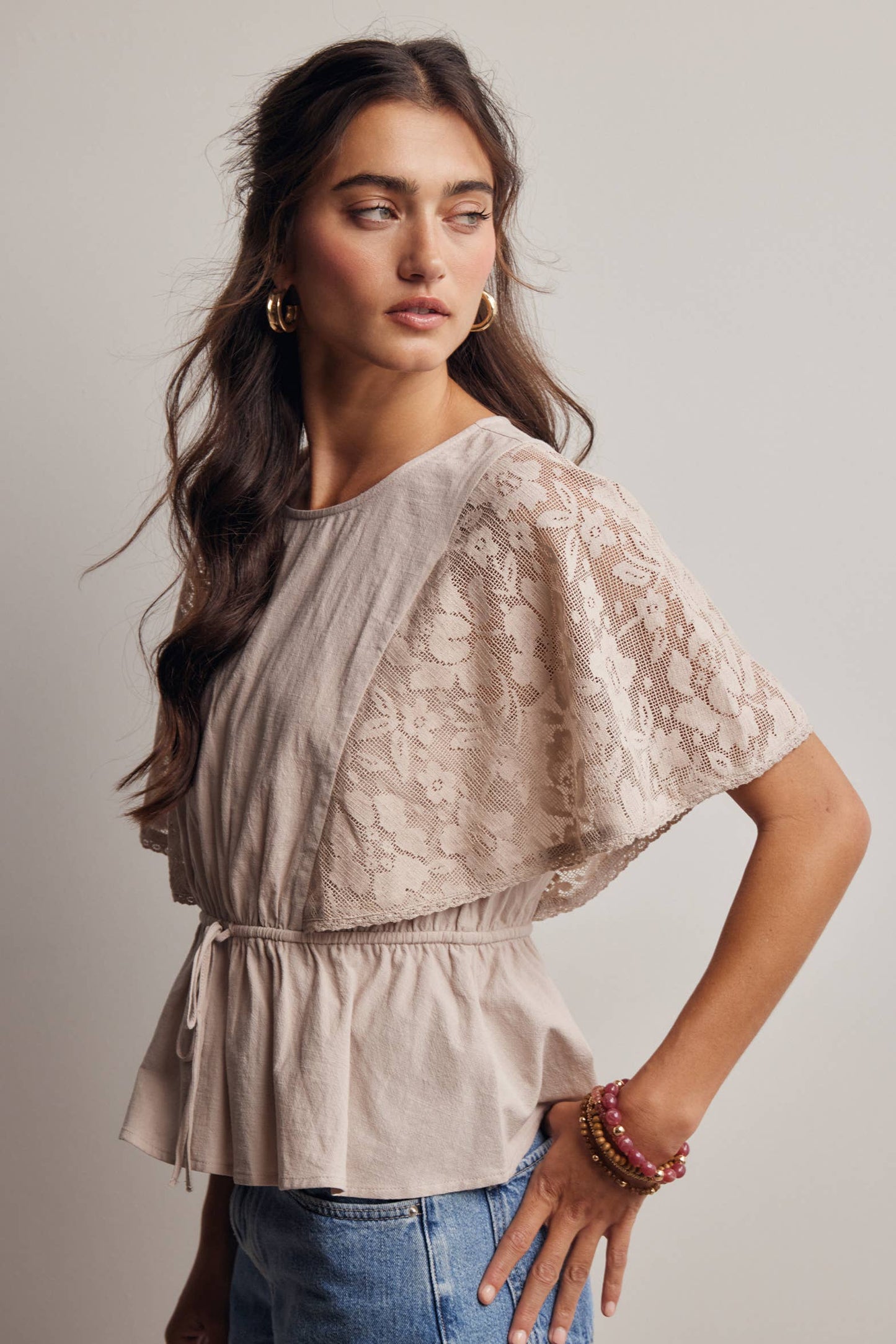 Lace Cape Sleeve Cotton Peplum Top