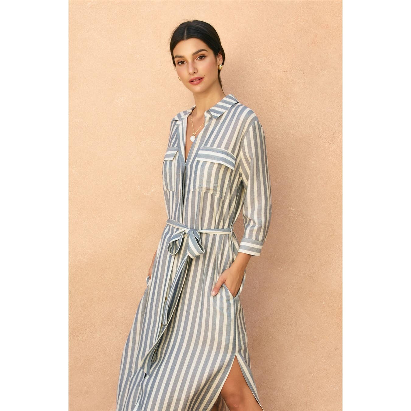 Saltwater Stripe Belted Maxi Shirt Dress 