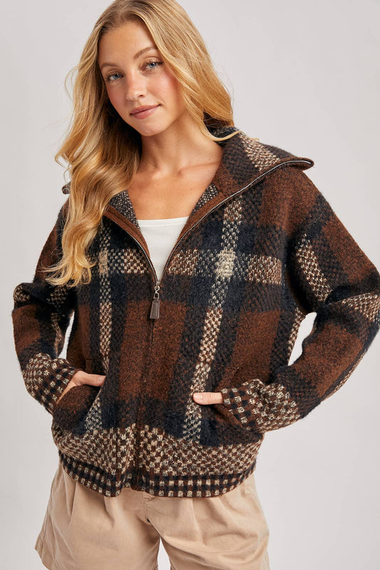 Plaid Zipper Front Wide Collar Jacket