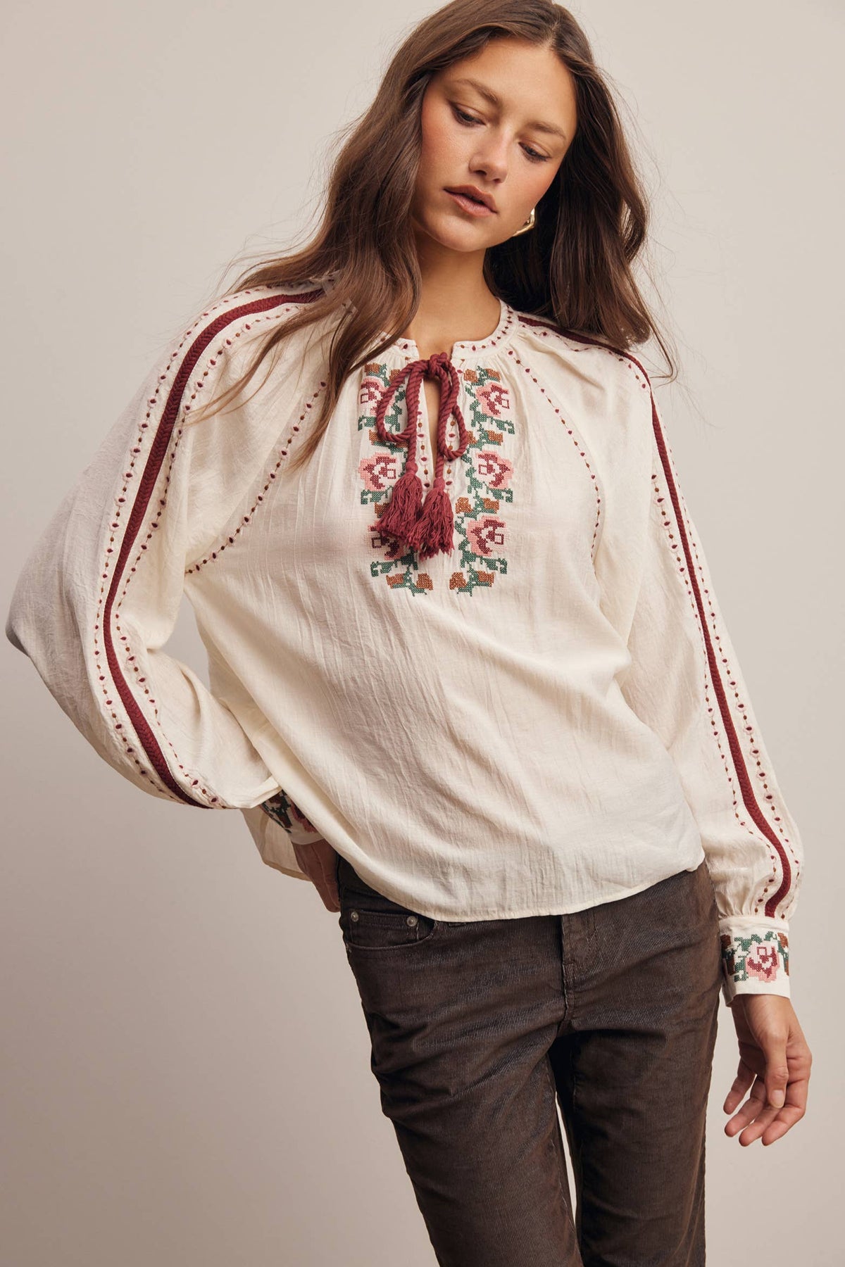 Floral Embroidered Tassel Tie Blouse