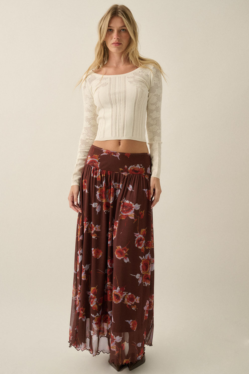 Floral Pointelle and Ribbed Knit Fitted Long-Sleeve Top: Cream