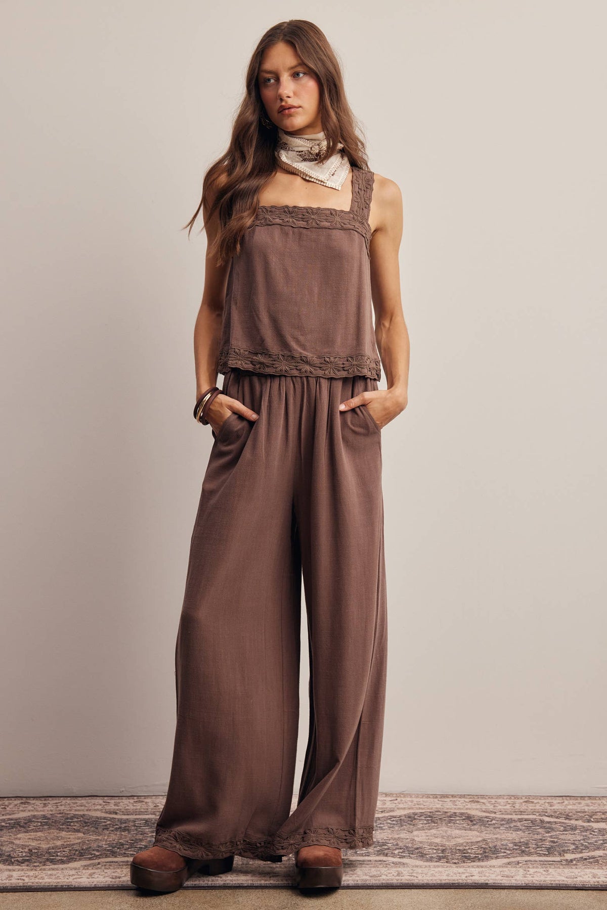 Embroidered Linen Blend Chocolate Pants