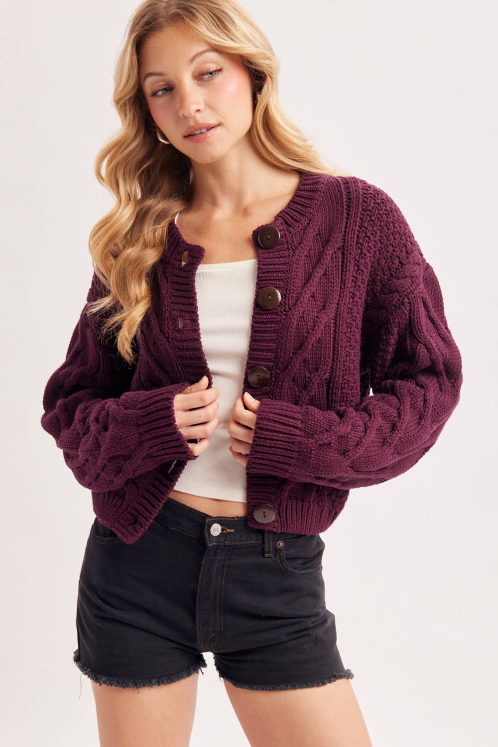 Wine Button Front Cropped Cable Knit Sweater, Cardigan