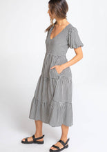 Load image into Gallery viewer, Gingham Puff Sleeve Open Back Tiered Midi Dress
