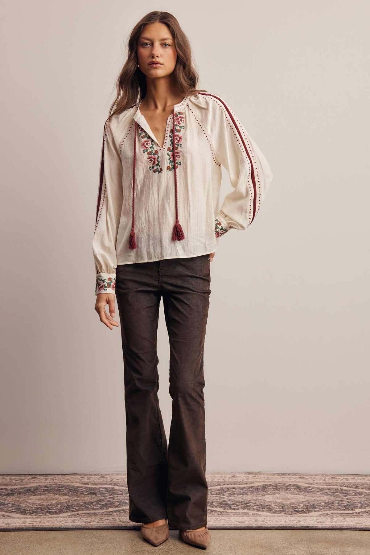Floral Embroidered Tassel Tie Blouse