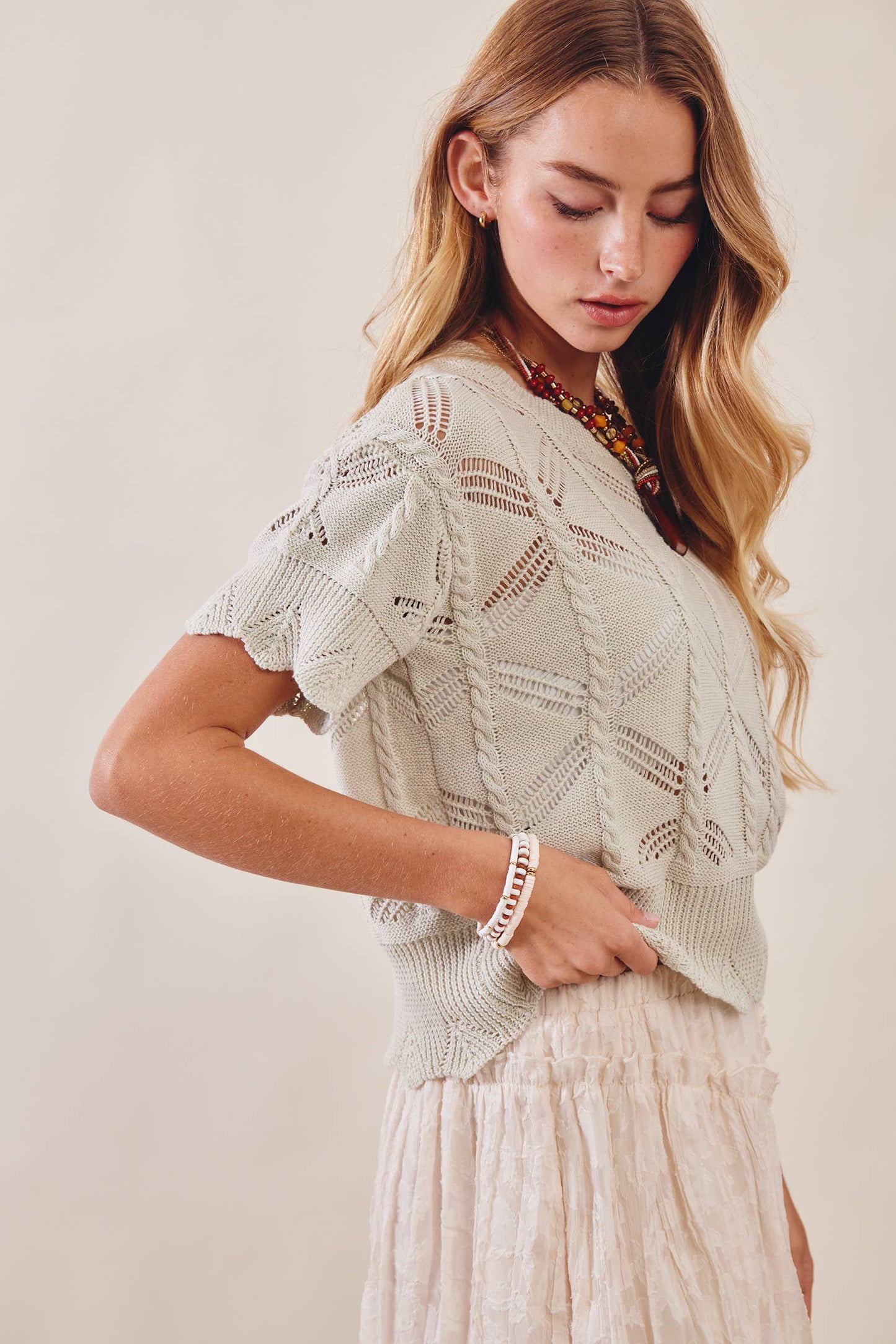 Pointelle Short Sleeve Knit Top