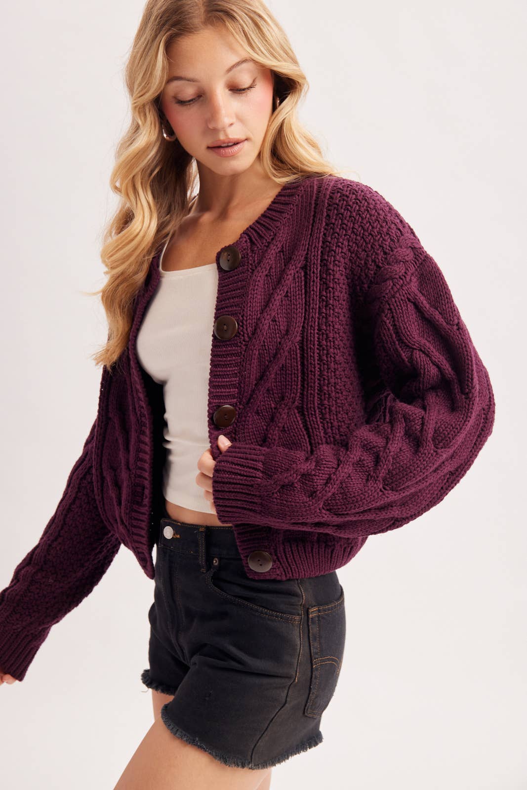 Wine Button Front Cropped Cable Knit Sweater, Cardigan