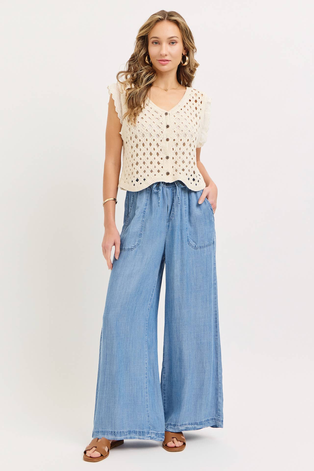 Chambray Wide Leg Classic Pants