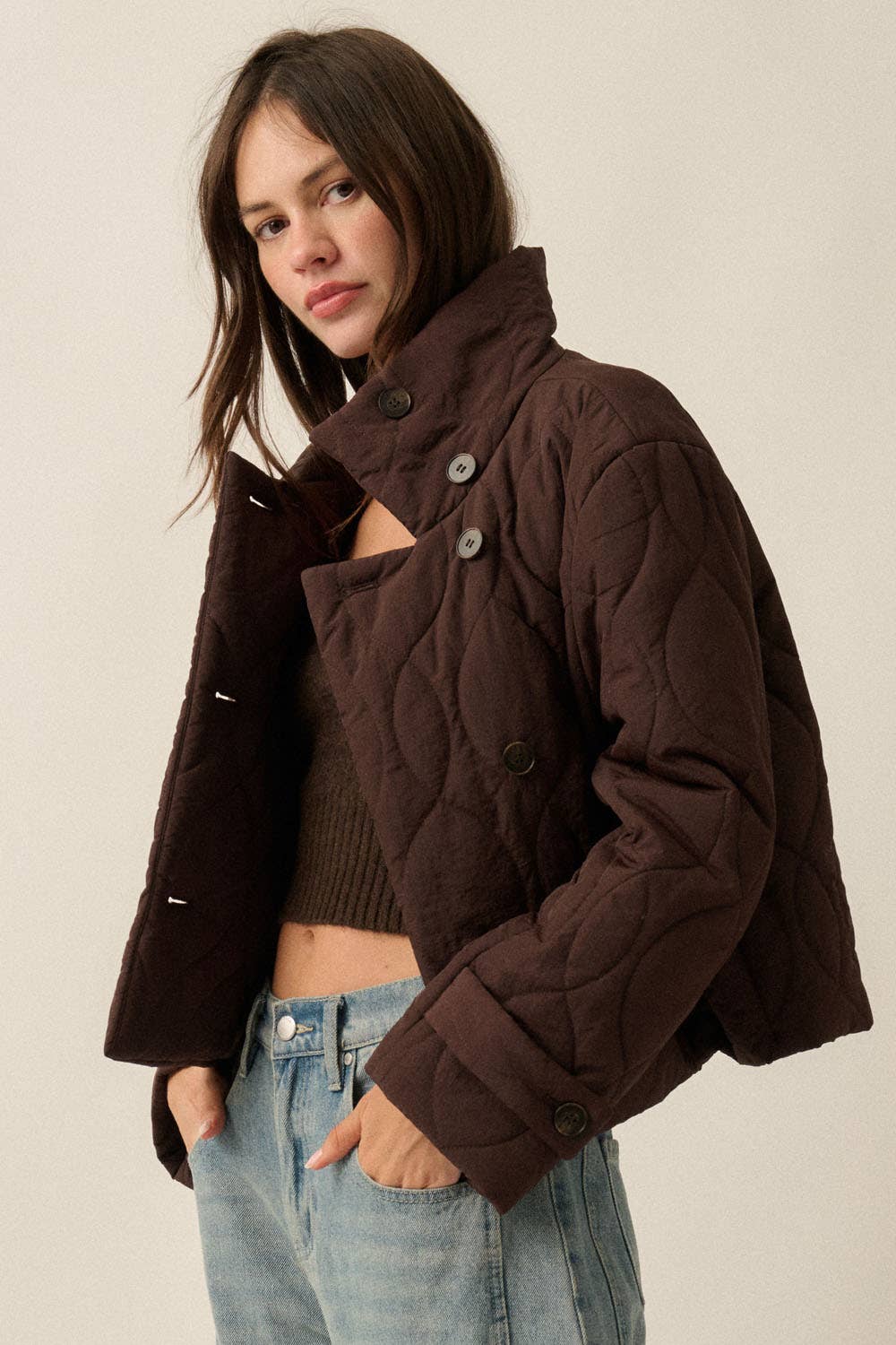 Solid Quilted High-Collar Button-Front Cropped Jacket