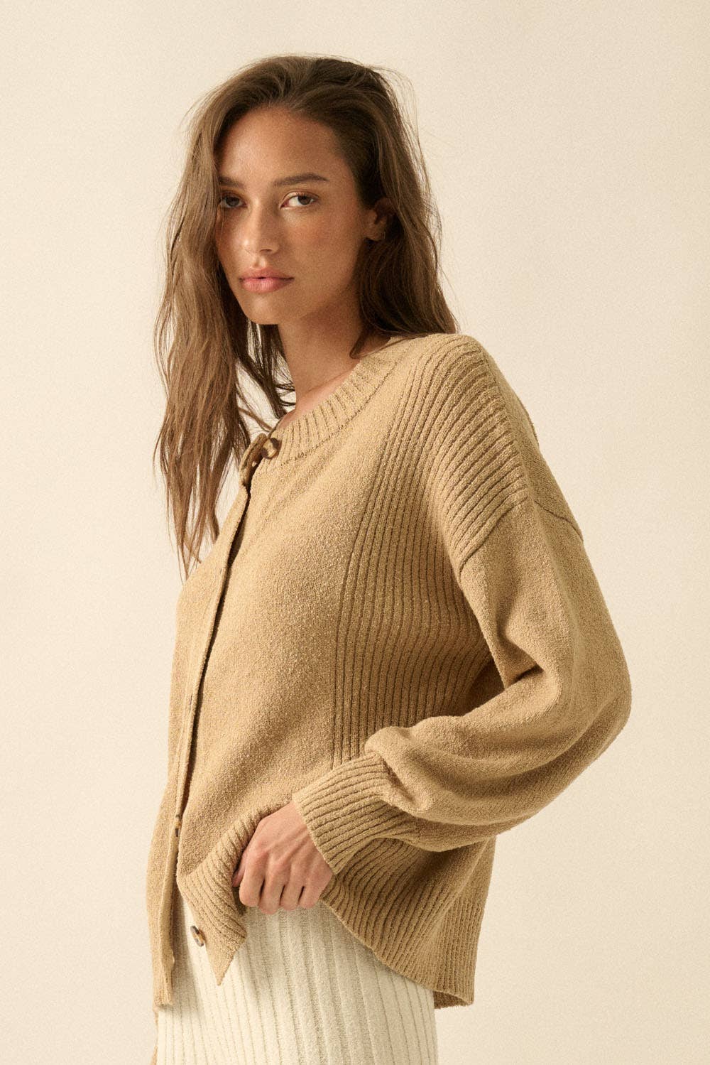 Textured Knit Button-Front Loose-Fit Cardigan