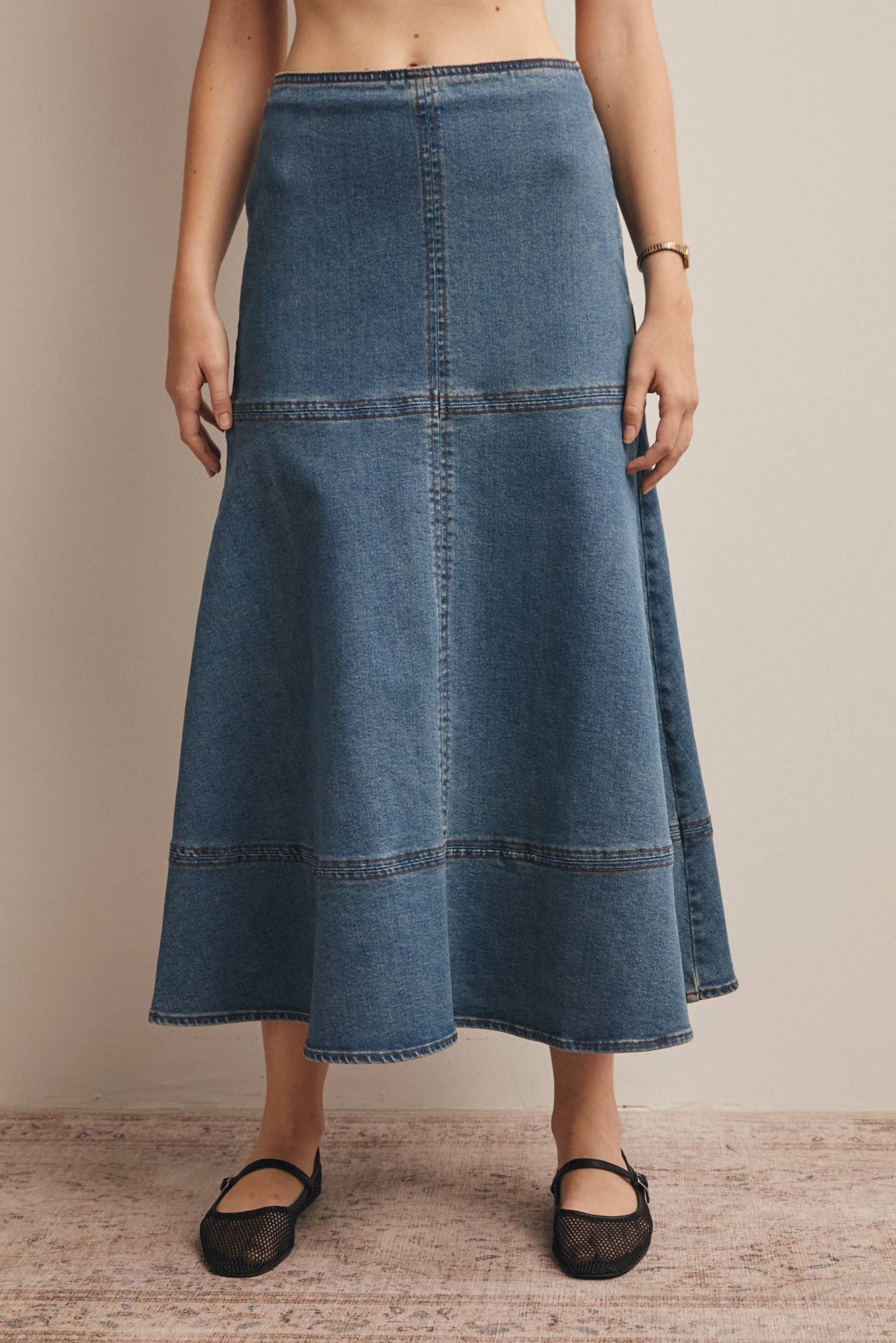 Panel Seam A-Line Denim Maxi Skirt