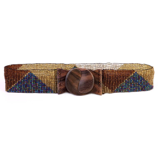 Glass beaded belt wood scroll triangles Hand Loomed in brown 