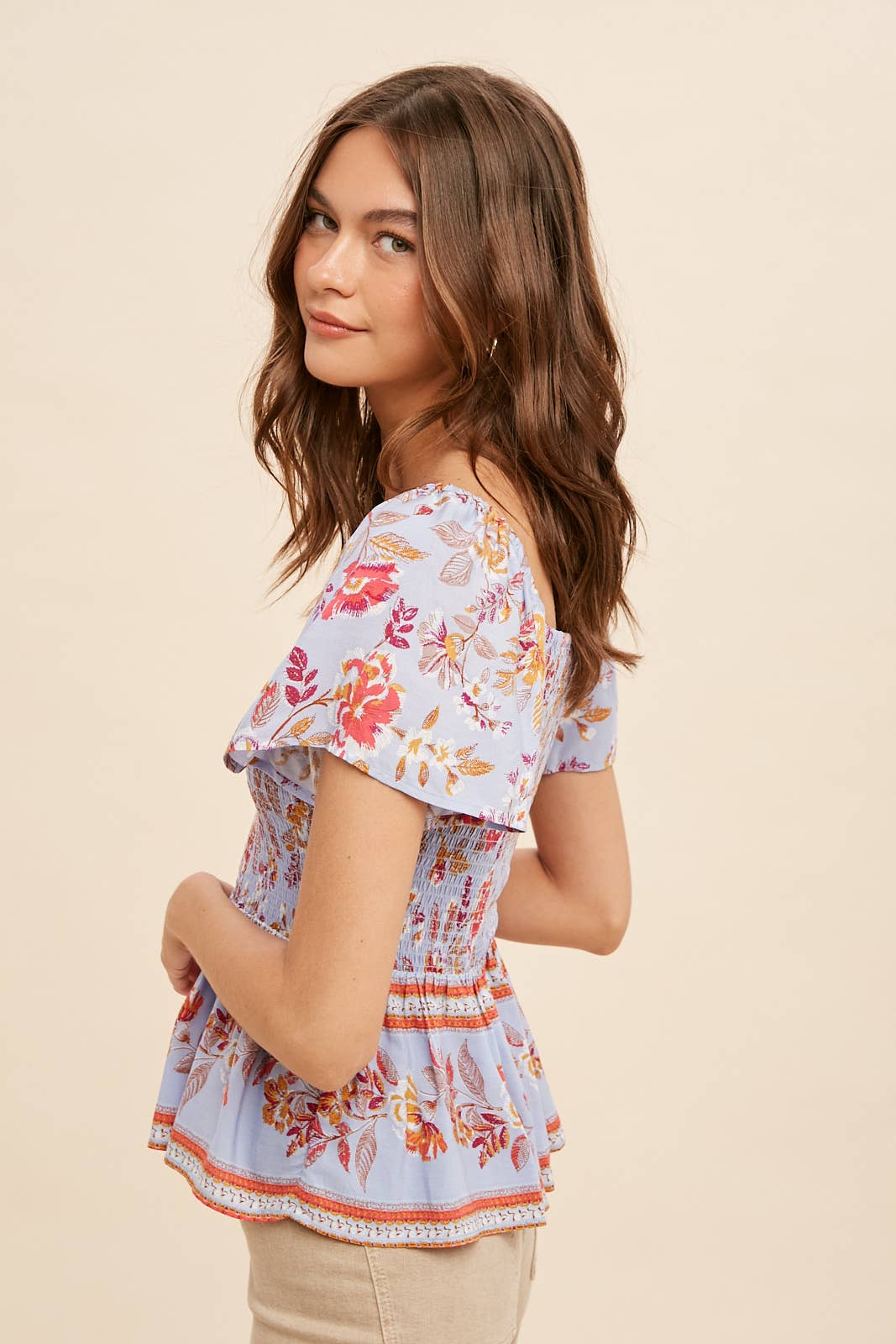 Border Print Smocked Peasant Top