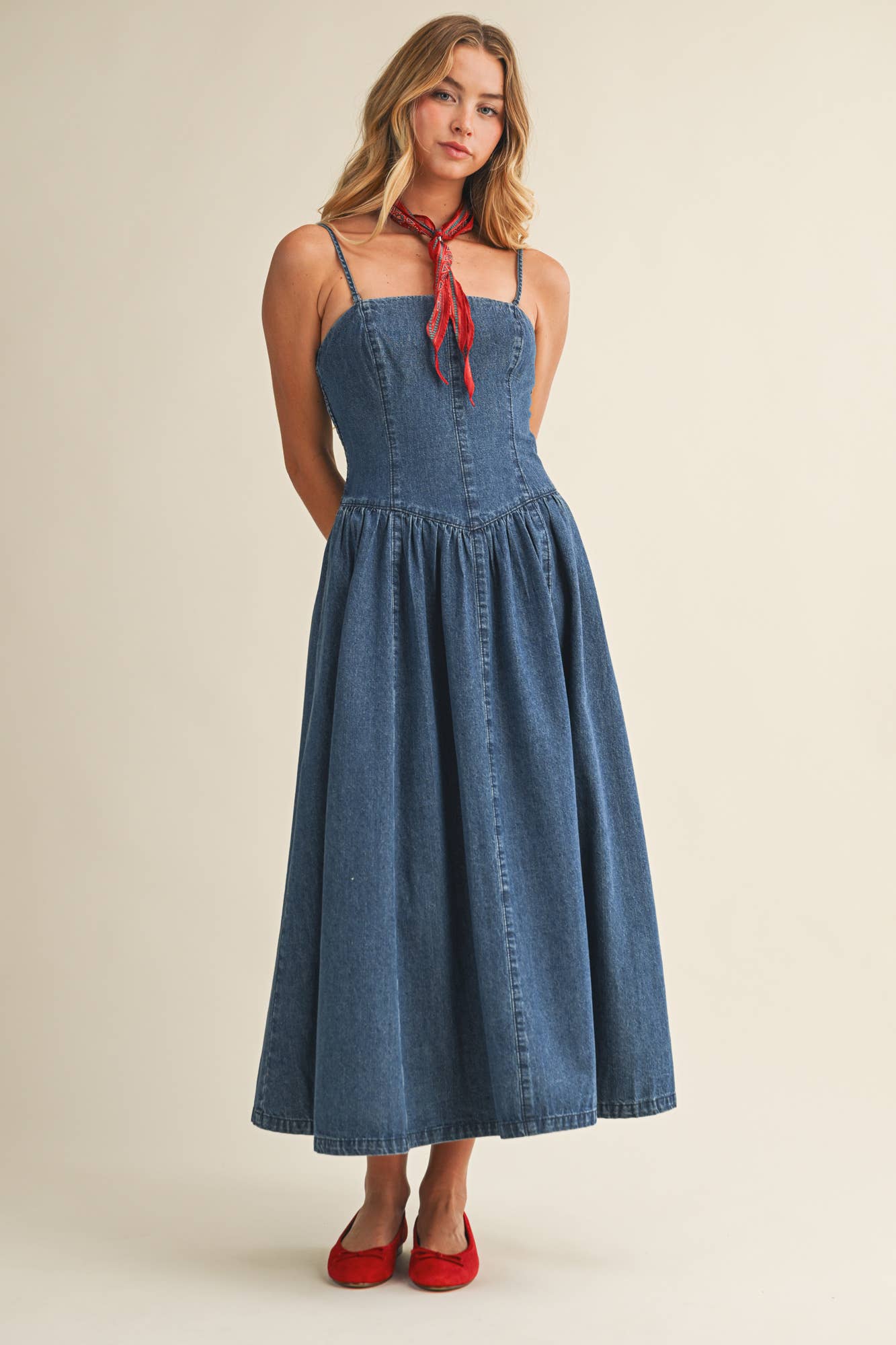 Seamed Bustier Full Skirt Denim Dress