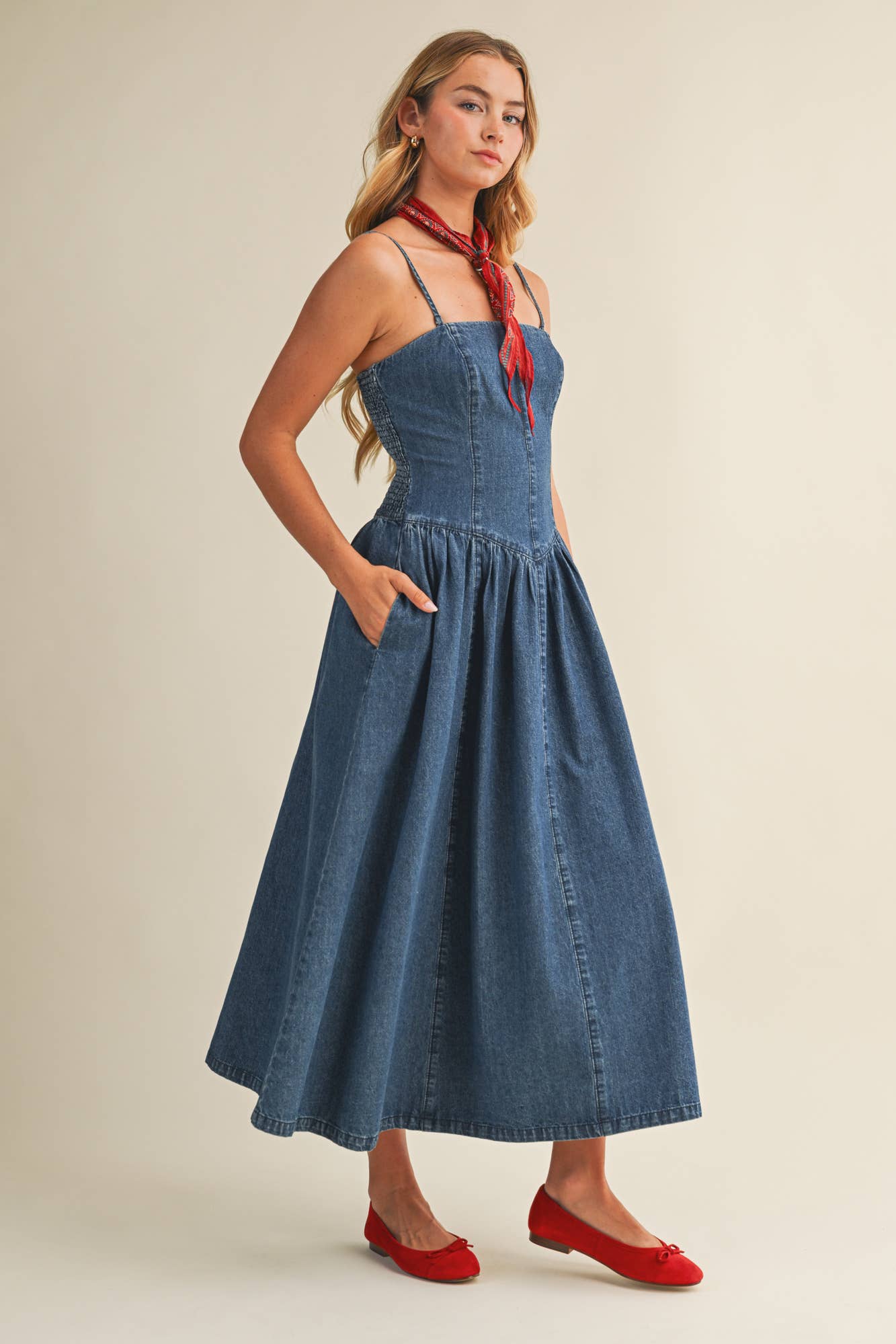 Seamed Bustier Full Skirt Denim Dress