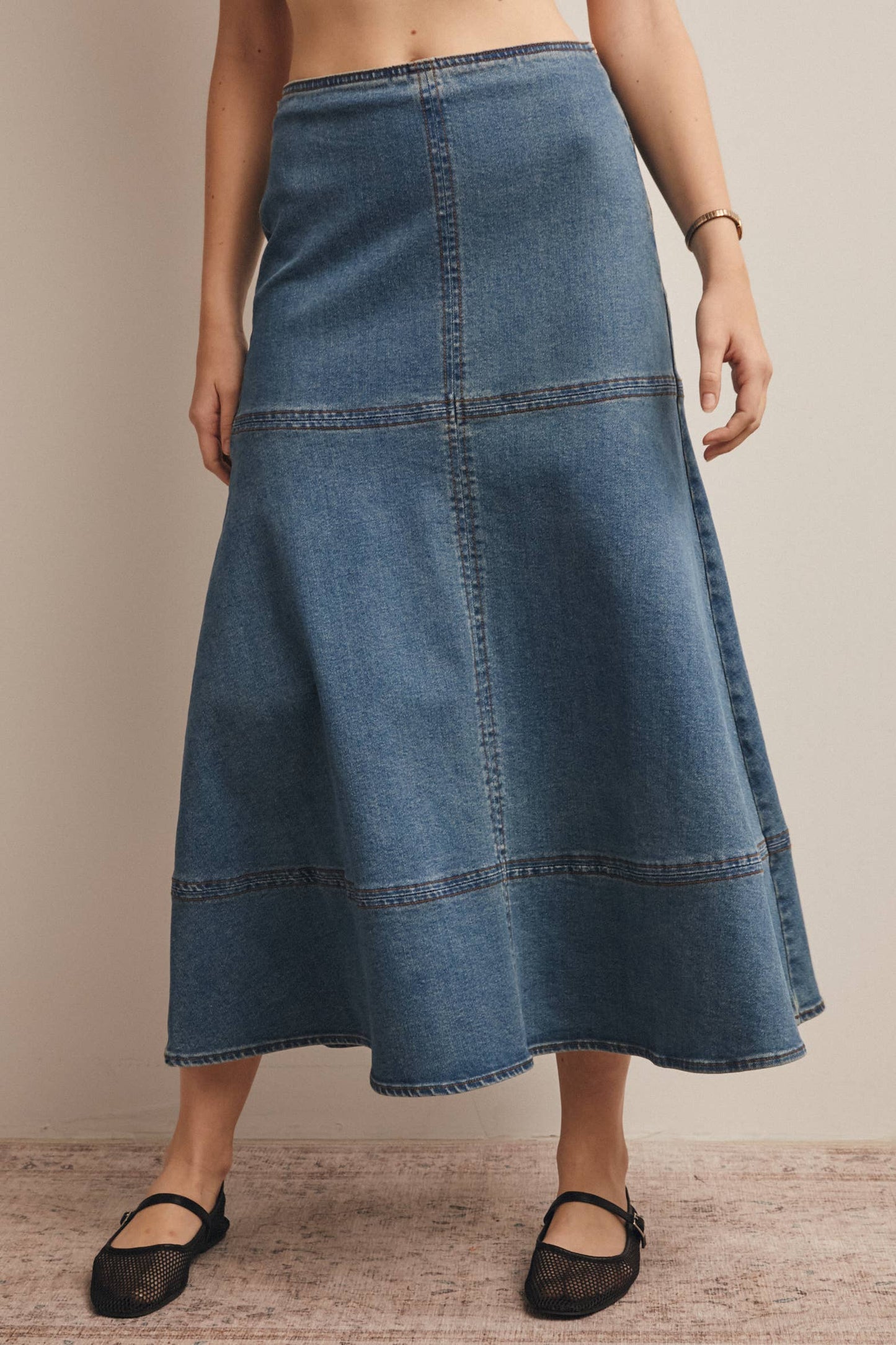Panel Seam A-Line Denim Maxi Skirt