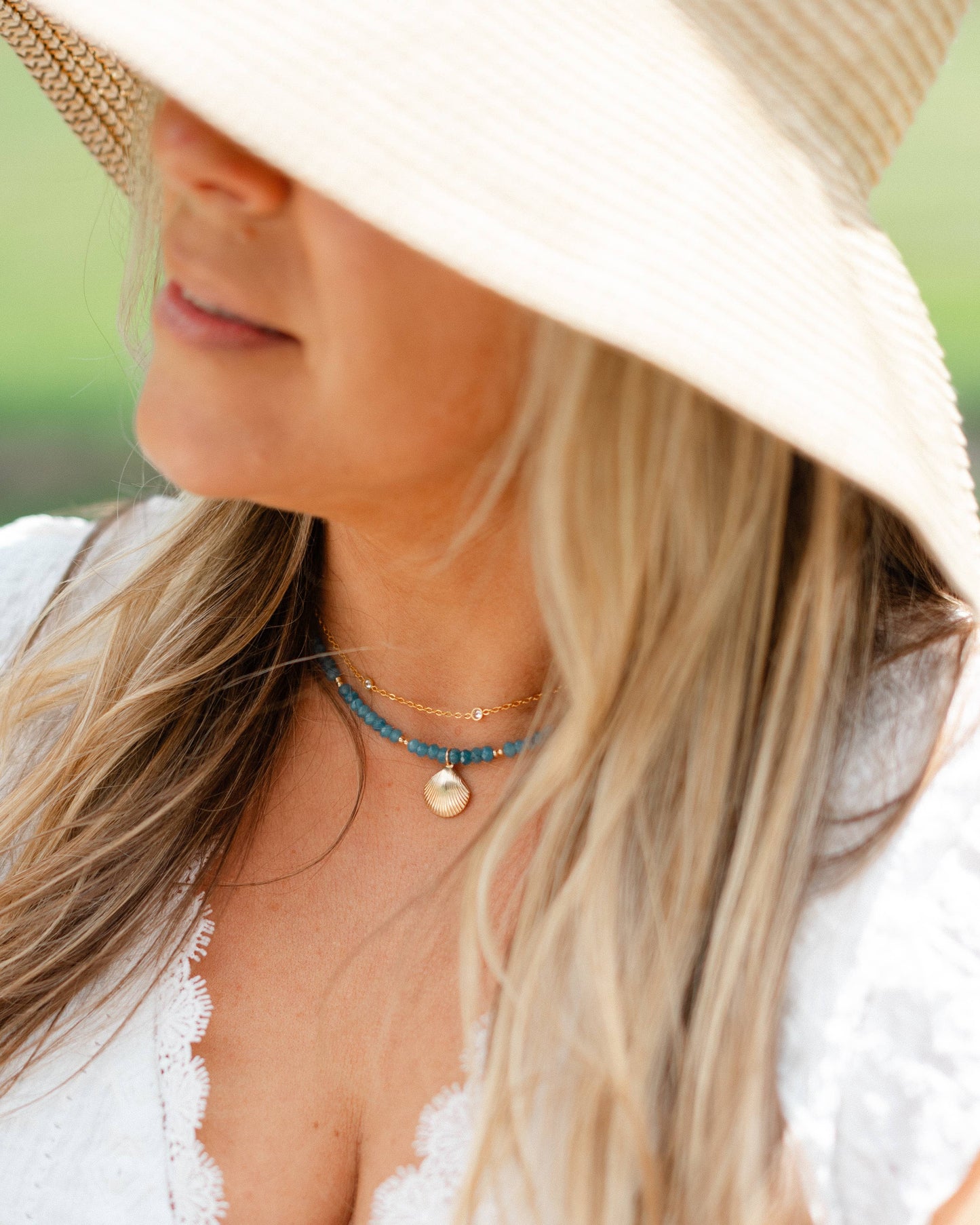 High Tide Blue Shell Beachy Beaded Necklace Gold Filled