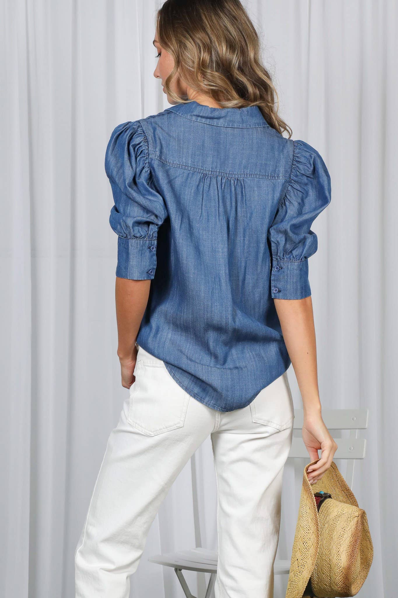 Collared Puff-Sleeve 100%Tencel Chambray Denim Shirt