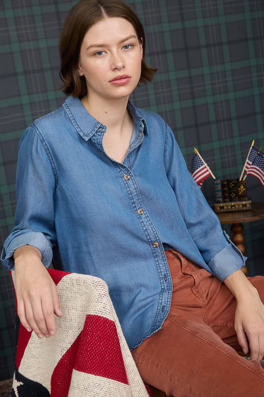 Chambray Collared 3/4 sleeve Button Down Top