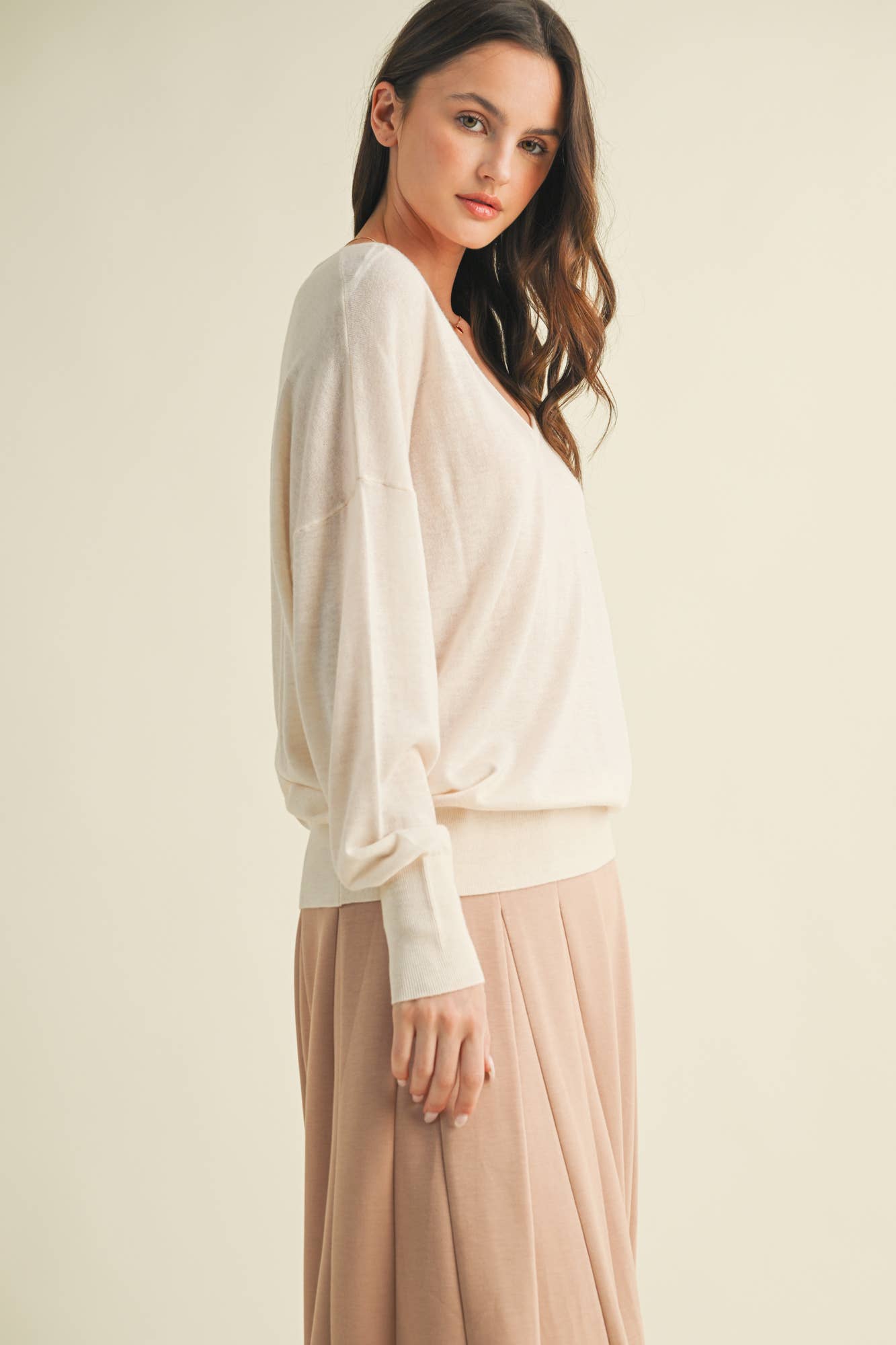 Dropped Shoulder V-Neck Banded Sweater