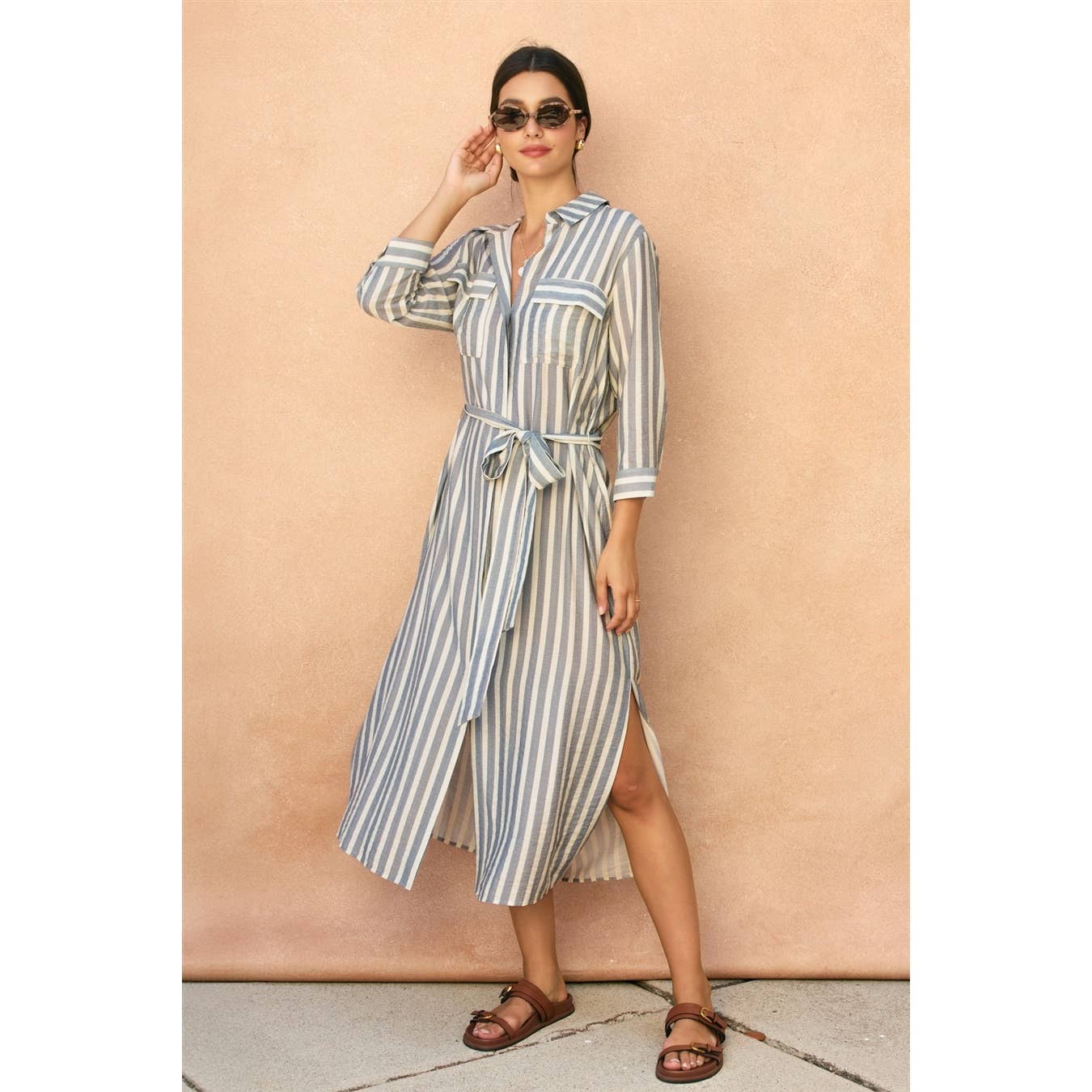 Saltwater Stripe Belted Maxi Shirt Dress 